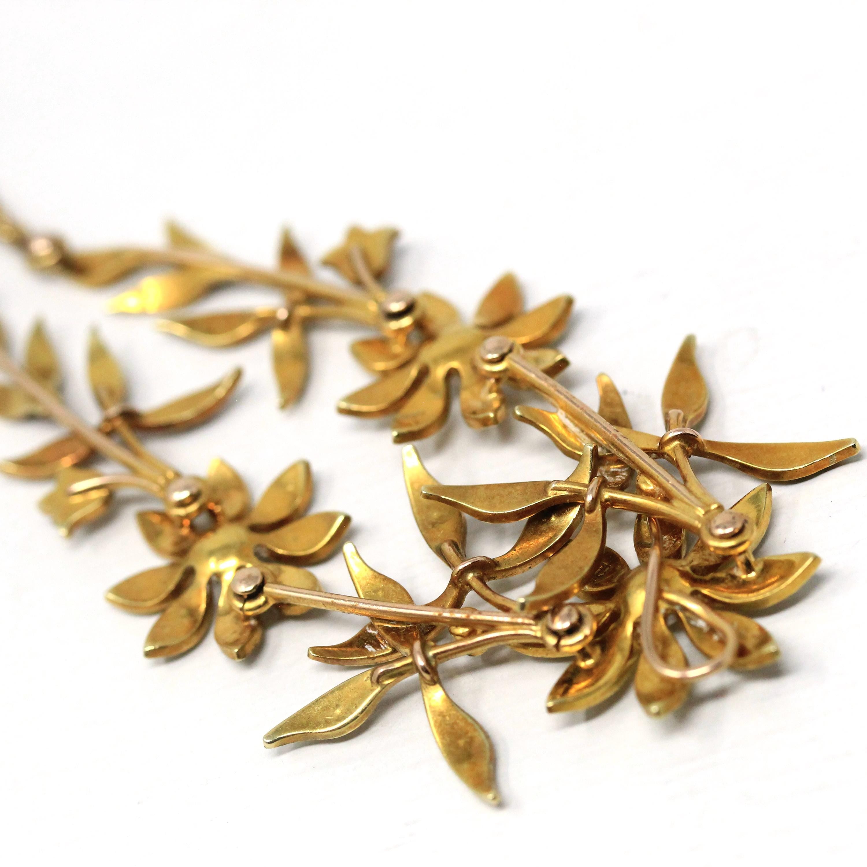 Antique Flower Necklace - Edwardian 15CT English Yellow Gold & Seed Pearl Floral Collar - Circa 1910s June Birthstone Statement Fine Jewelry