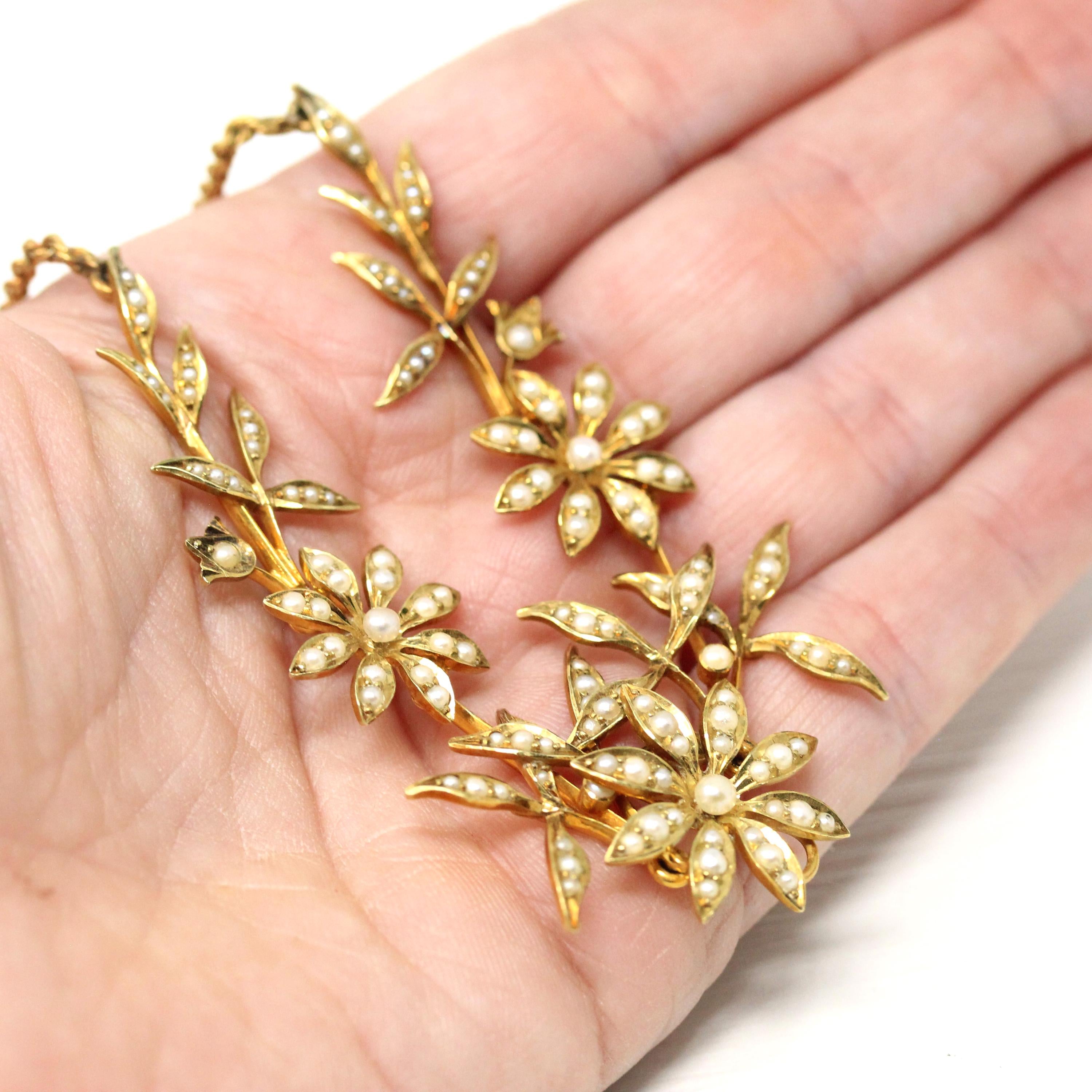 Antique Flower Necklace - Edwardian 15CT English Yellow Gold & Seed Pearl Floral Collar - Circa 1910s June Birthstone Statement Fine Jewelry