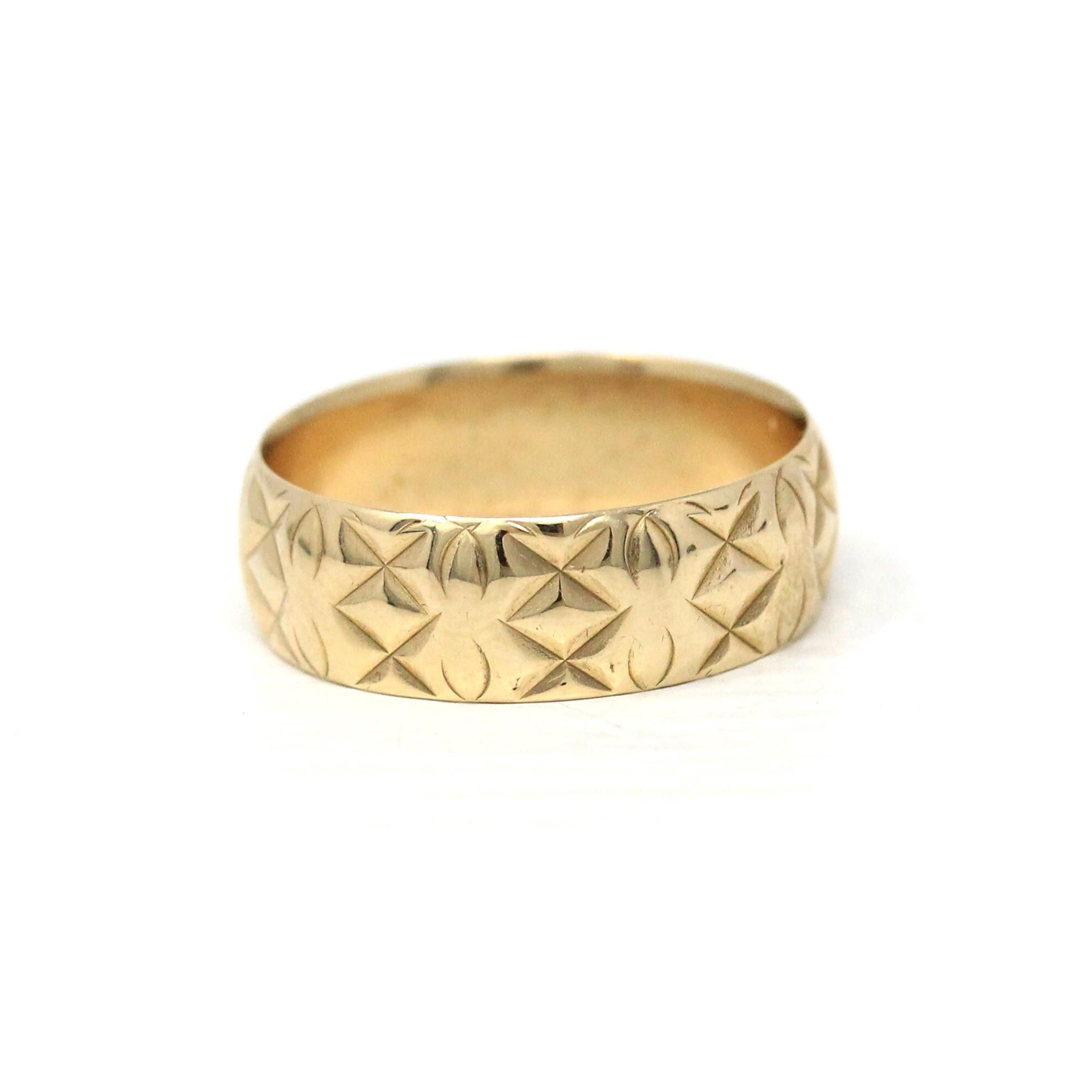 Wide Criss Cross Band - Vintage Retro Engraved 9k Yellow Gold Ring - London England - Dated 1966 Size 7 1/4 Slade & Wolfe - Fine 60s Jewelry