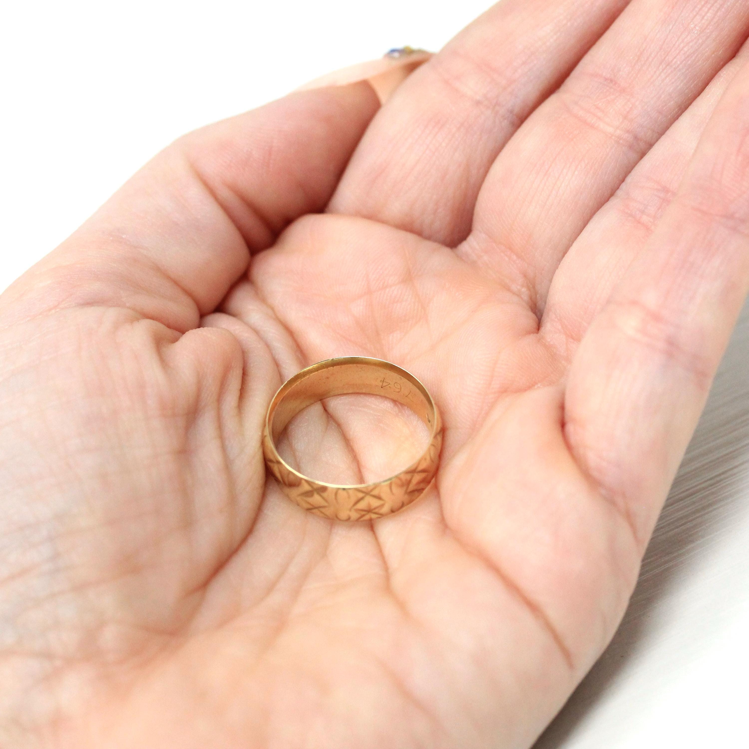 Wide Criss Cross Band - Vintage Retro Engraved 9k Yellow Gold Ring - London England - Dated 1966 Size 7 1/4 Slade & Wolfe - Fine 60s Jewelry