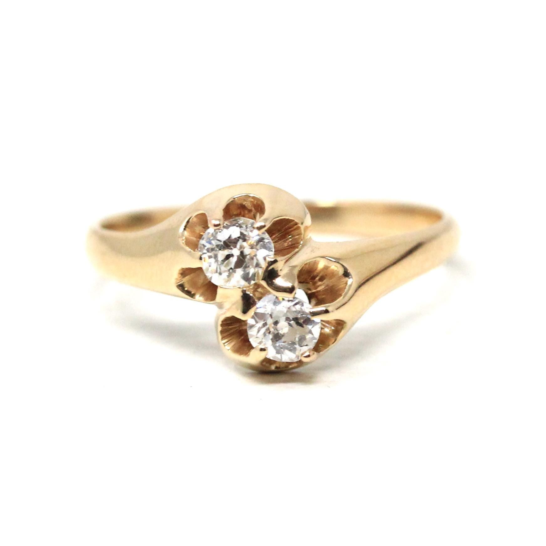 Diamond Toi Et Moi Ring - Edwardian Era 14k Yellow Gold Natural .33 CTW Old Mine Cut Bypass - Size 8.5 Fine Bridal April Birthstone Jewelry
