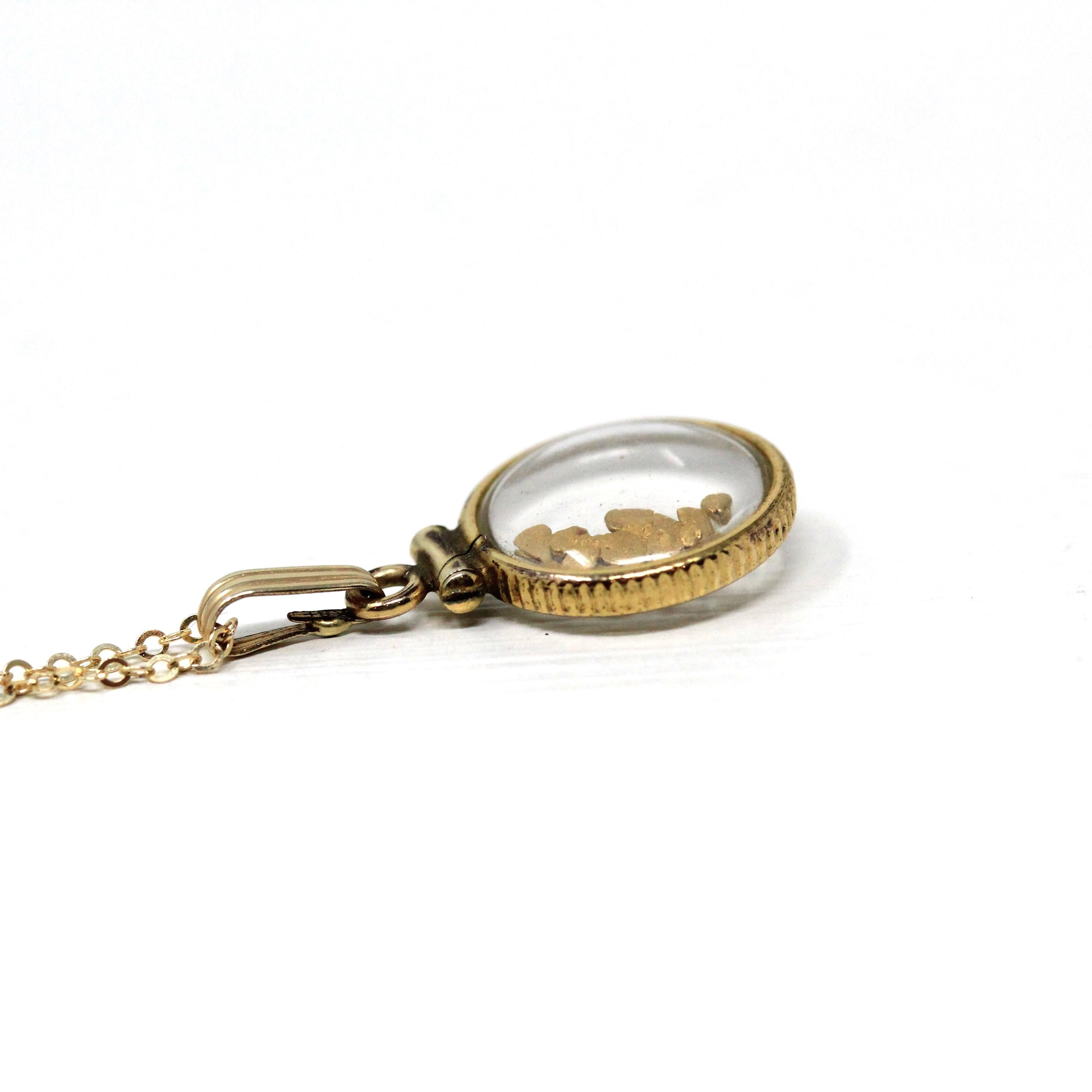 Gold Nugget Necklace - Estate Gold Filled Shaker Fob Charm Souvenir Pendant - Modern Circa 1980s Alaskan Gold Rush Flakes Souvenir Jewelry