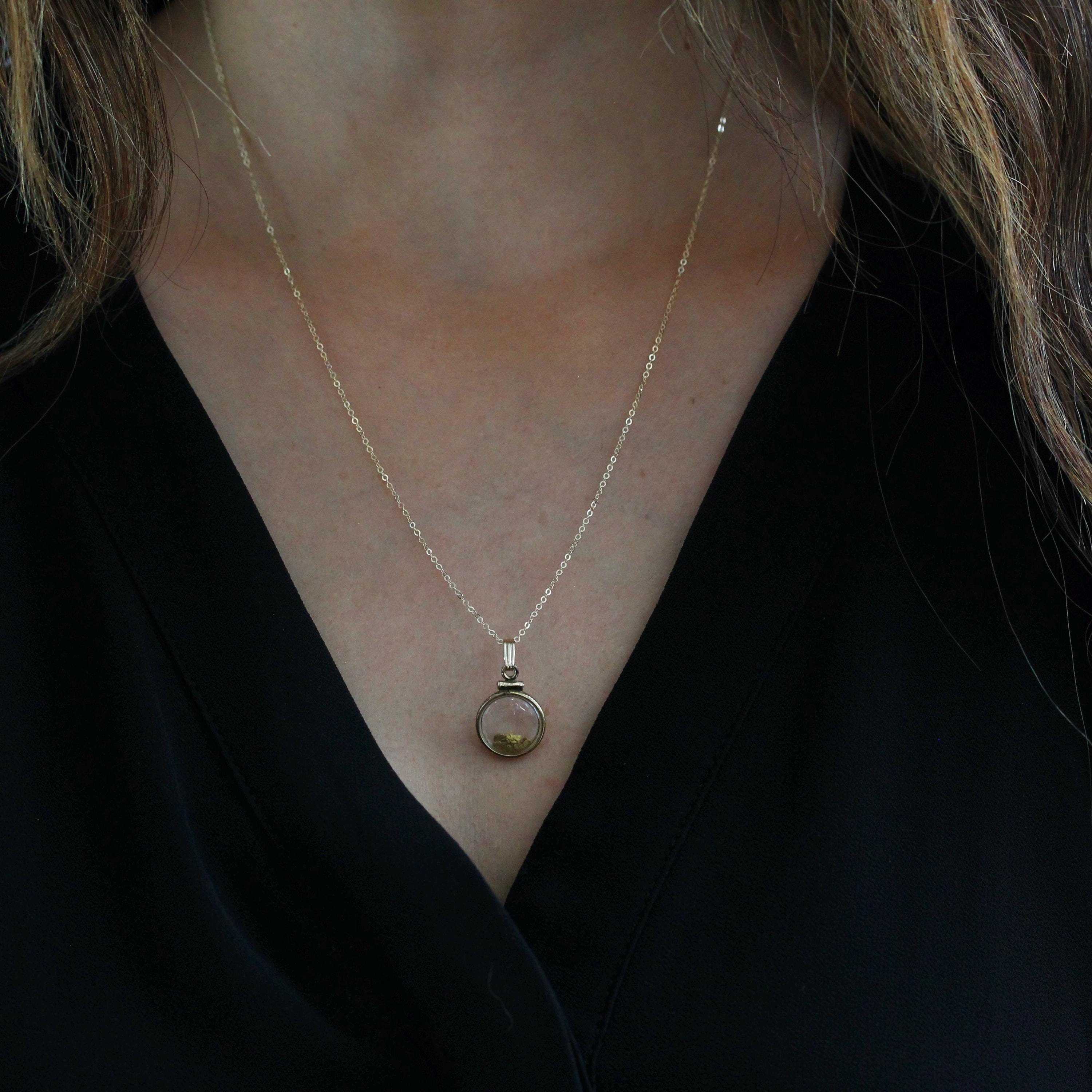 Gold Nugget Necklace - Estate Gold Filled Shaker Fob Charm Souvenir Pendant - Modern Circa 1980s Alaskan Gold Rush Flakes Souvenir Jewelry