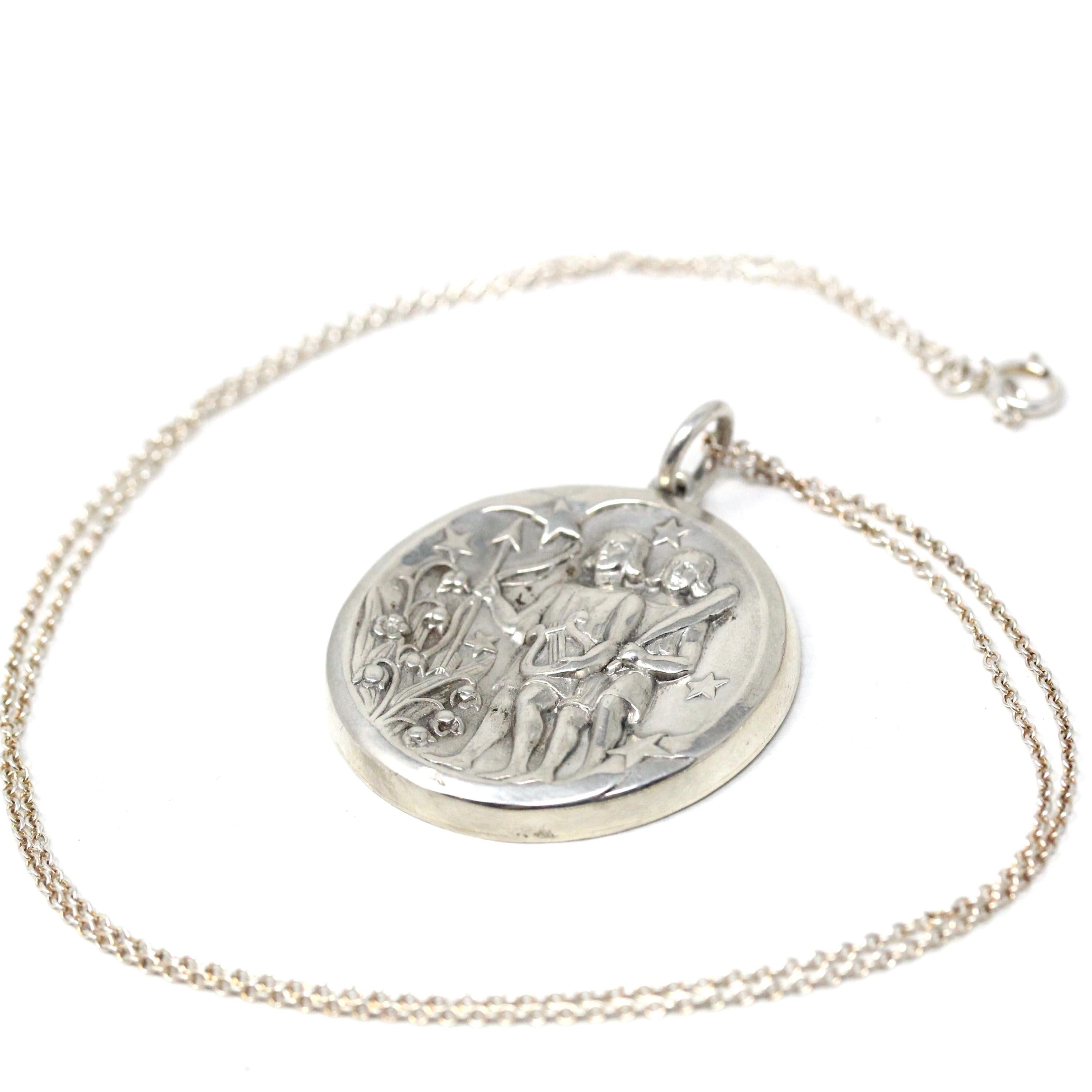 Vintage Gemini Pendant - Retro Era Sterling Silver Raised Hollow Design Twins Round Pendant - Circa 1960s Georg Jensen 306 Zodiac Jewelry