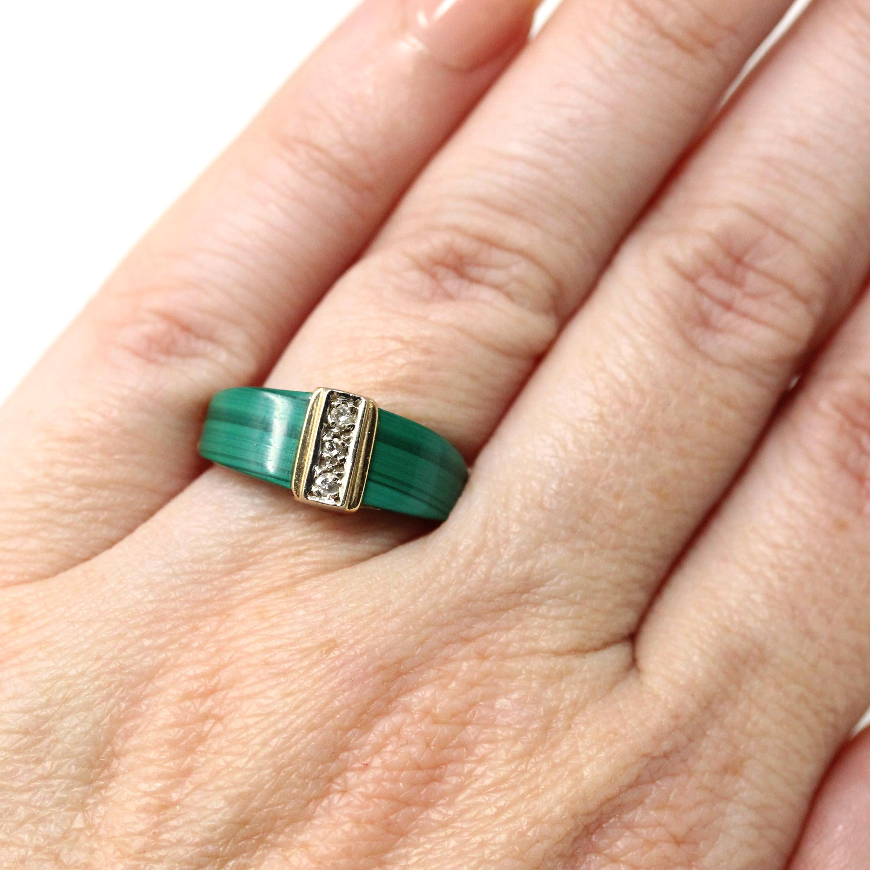 Vintage Malachite Ring - Retro 14k Yellow Gold Natural Green Gemstone Genuine Diamond - Circa 1970s Size 4 3/4 Statement Fine 70s Jewelry