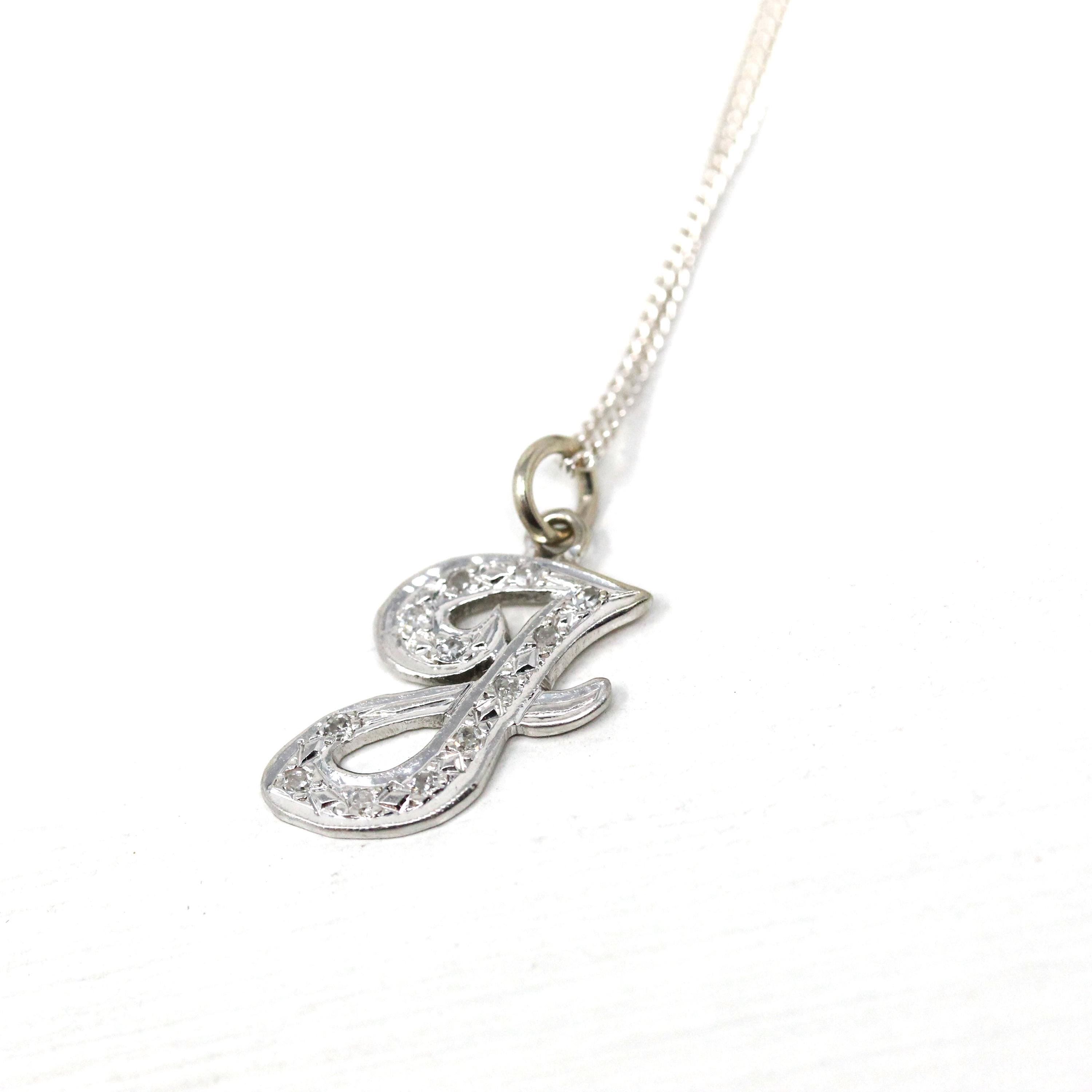 Letter "J" Necklace - Estate 14k White Gold Initial Natural Genuine Diamonds - Modern Circa 2000s Personal Name Script Chain Fine Jewelry