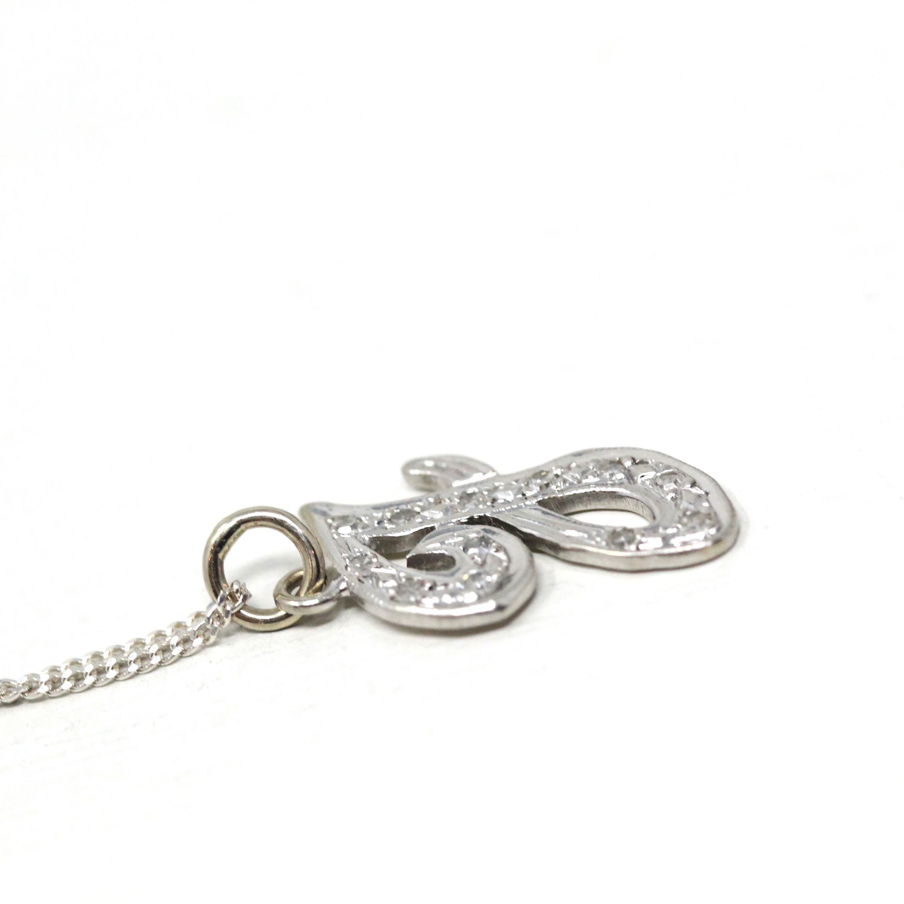 Letter "J" Necklace - Estate 14k White Gold Initial Natural Genuine Diamonds - Modern Circa 2000s Personal Name Script Chain Fine Jewelry