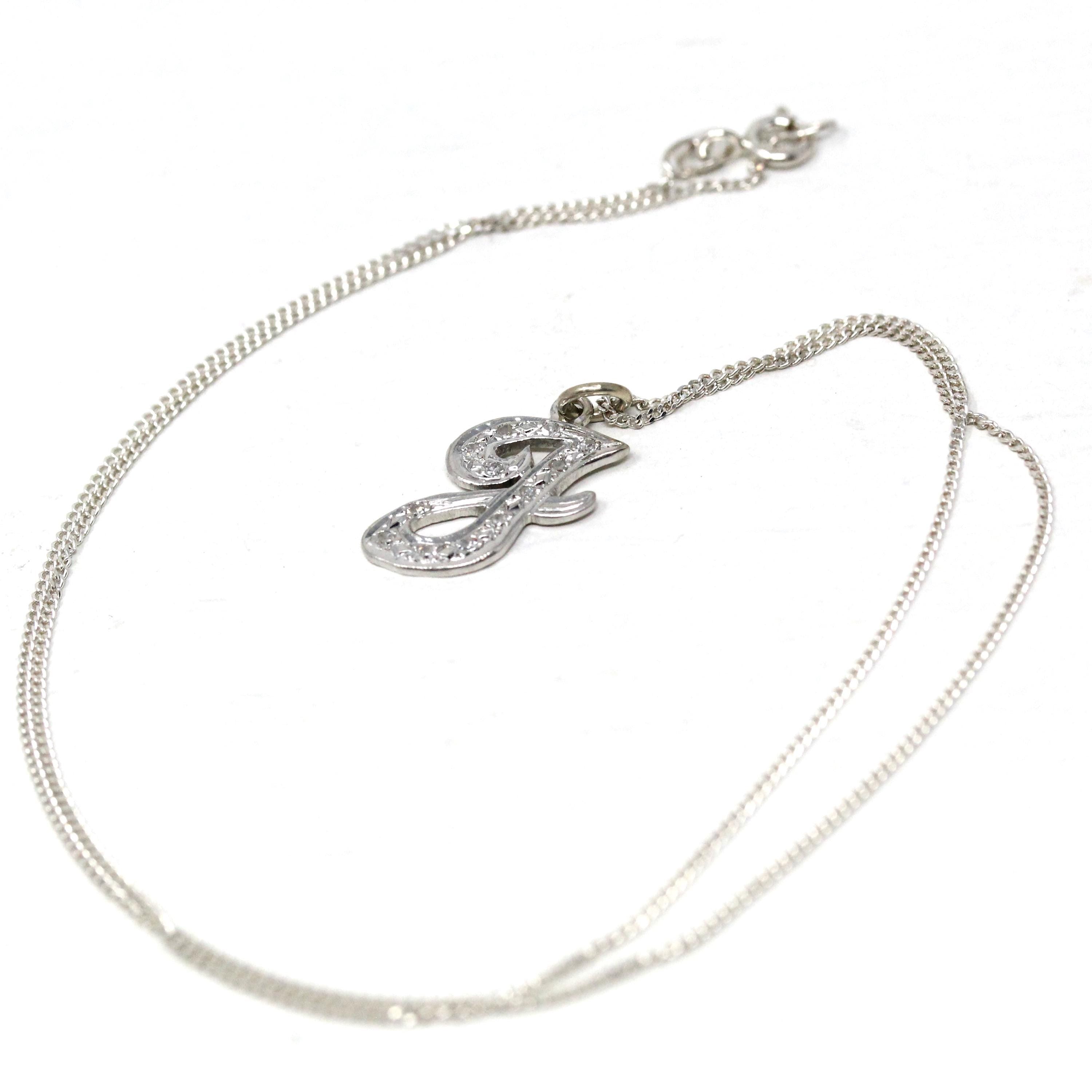 Letter "J" Necklace - Estate 14k White Gold Initial Natural Genuine Diamonds - Modern Circa 2000s Personal Name Script Chain Fine Jewelry