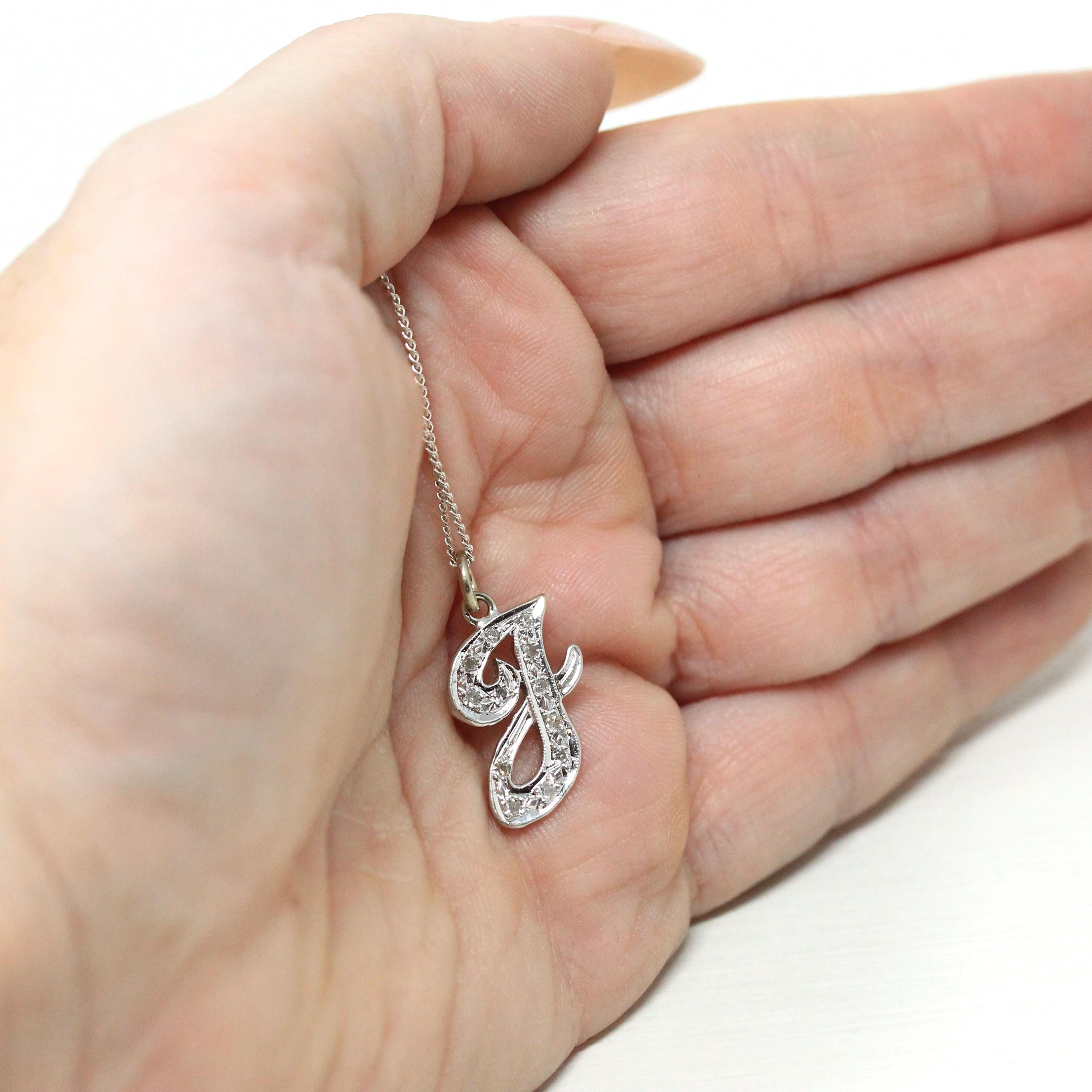 Letter "J" Necklace - Estate 14k White Gold Initial Natural Genuine Diamonds - Modern Circa 2000s Personal Name Script Chain Fine Jewelry