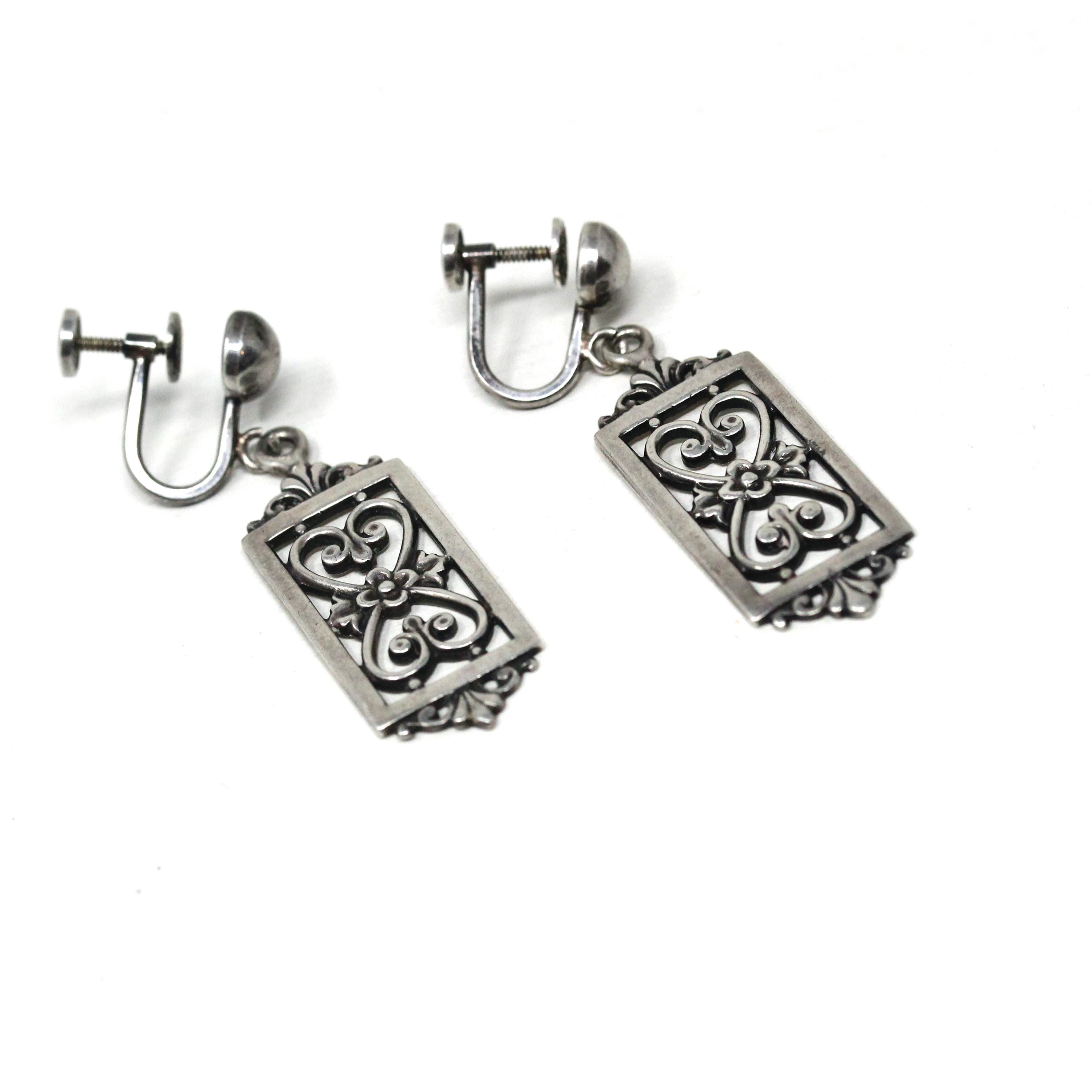 Vintage Floral Earrings - Retro Sterling Silver Dangle Drop Non-Pierced Screw Backs- Circa 1960s Era Open Metal Filigree Flower 60's Jewelry