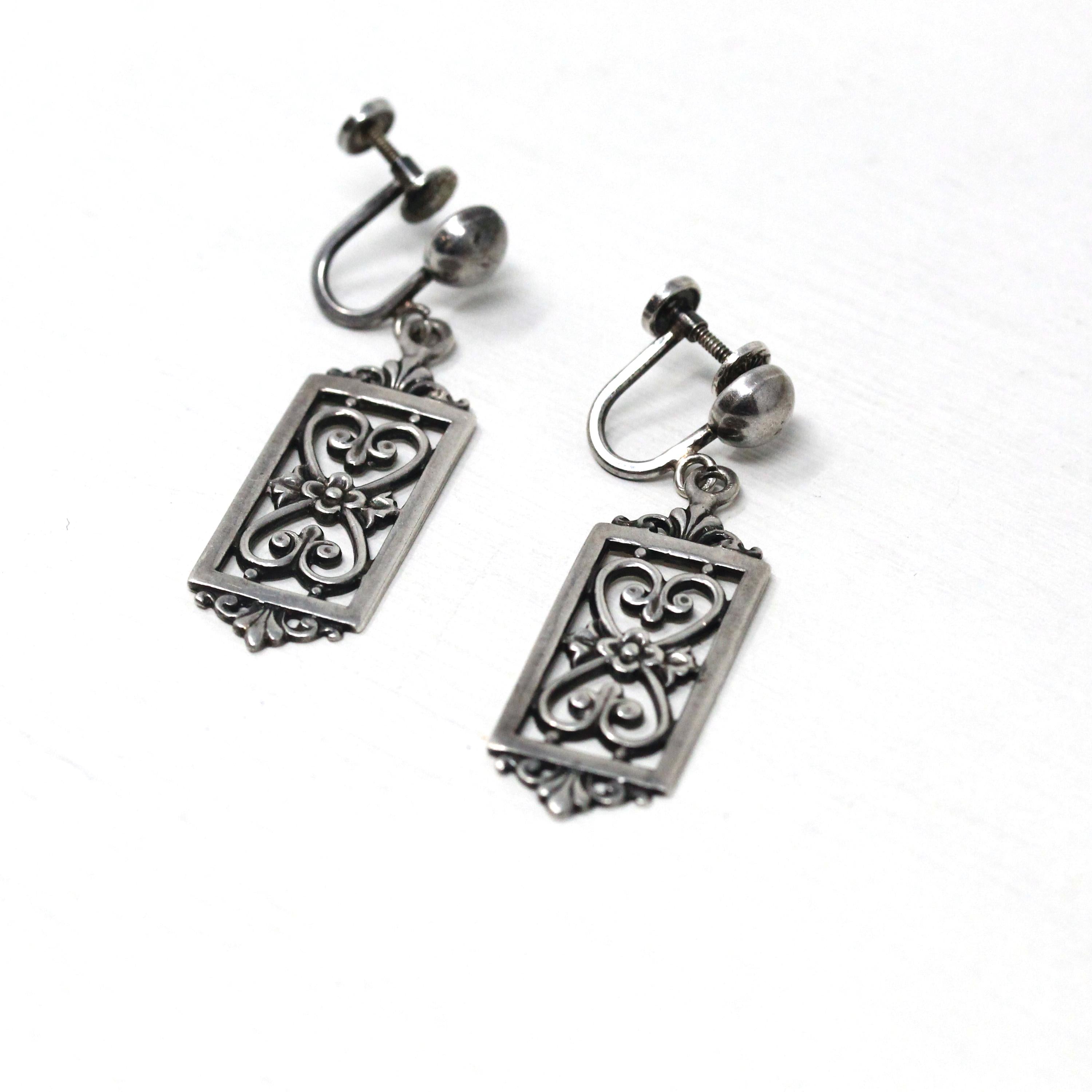 Vintage Floral Earrings - Retro Sterling Silver Dangle Drop Non-Pierced Screw Backs- Circa 1960s Era Open Metal Filigree Flower 60's Jewelry