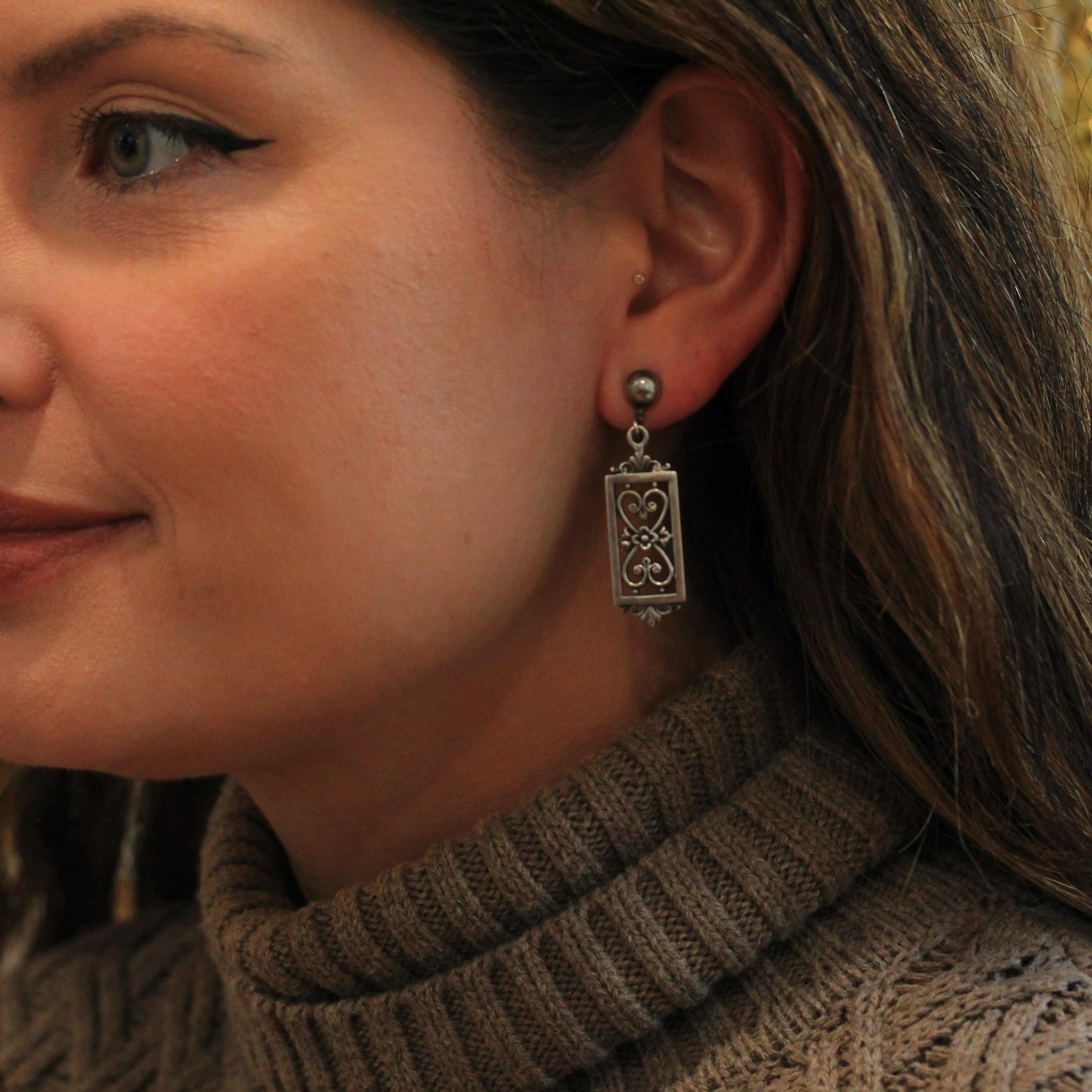 Vintage Floral Earrings - Retro Sterling Silver Dangle Drop Non-Pierced Screw Backs- Circa 1960s Era Open Metal Filigree Flower 60's Jewelry