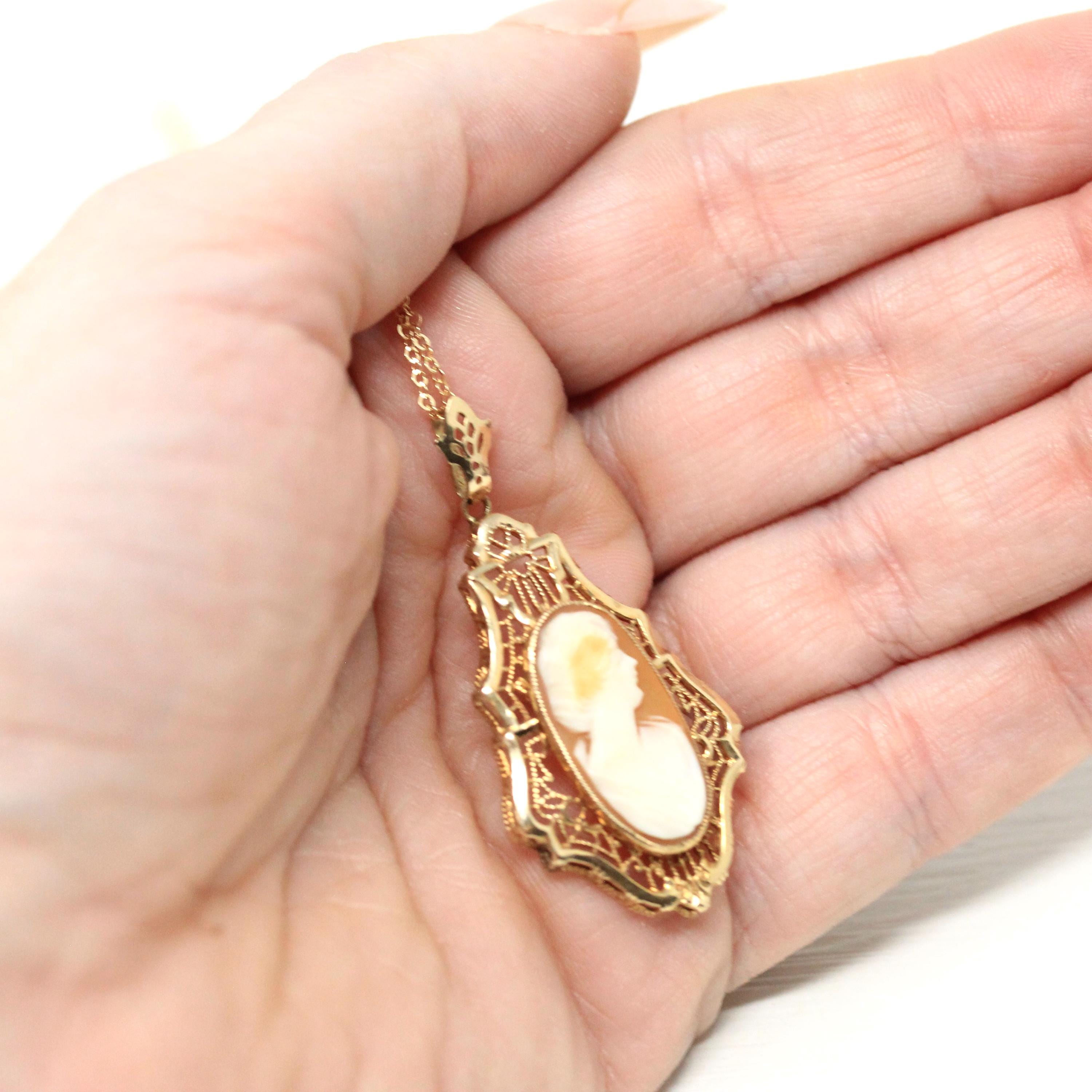 Vintage Cameo Necklace - Retro 10k Yellow Gold Oval Carved Shell Flower Pendant Charm - Circa 1940s Era Statement Fine Esemco 40s Jewelry
