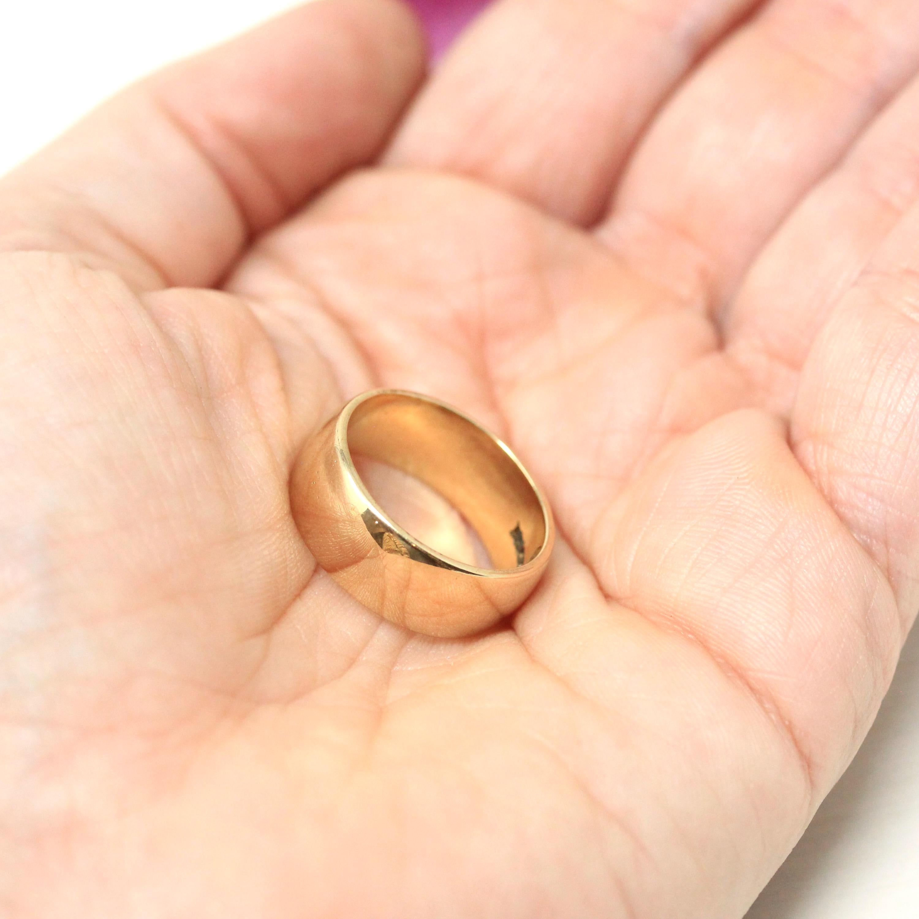 Vintage Ring Band - 7.18 MM Wide 9k Yellow Gold London England UK - Circa 1970 Size 6 1/2 English Hallmarks 1977 Fine Minimalist 70s Jewelry