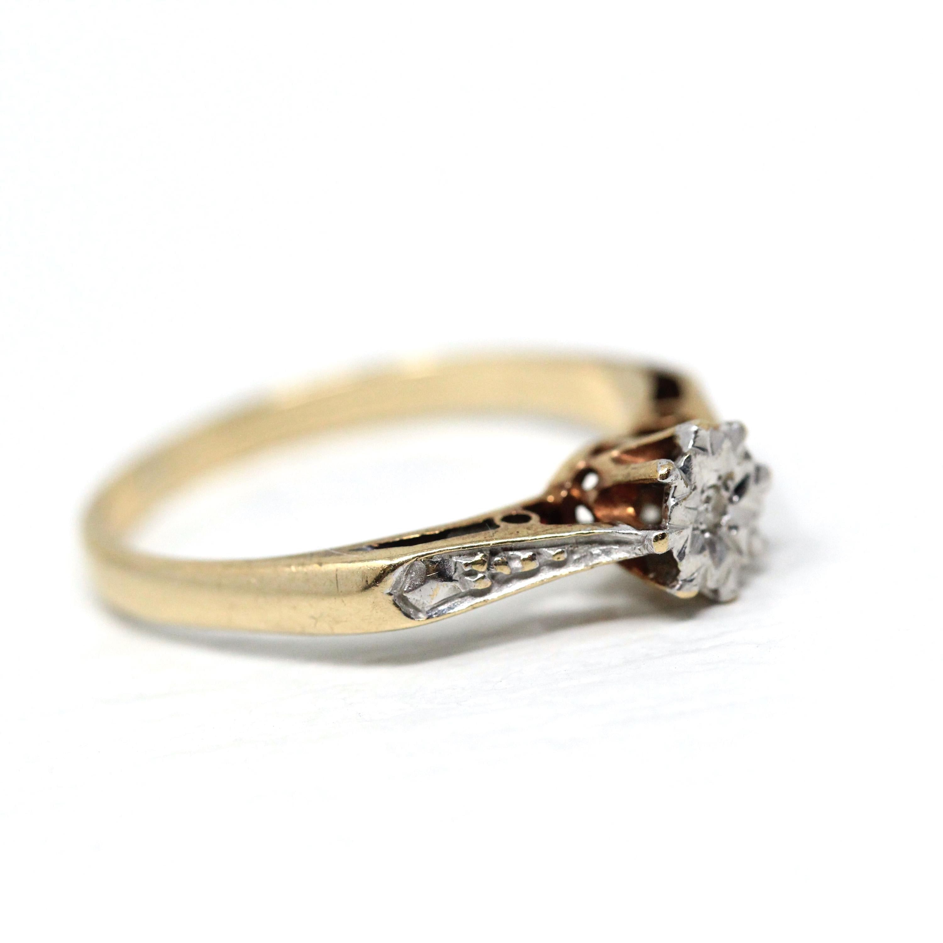 Vintage Star Diamond Ring - Retro Era Two Tone 9k Yellow & White Gold Engagement Ring - Circa 1970s Size 6 1/2 Fine Bridal Jewelry