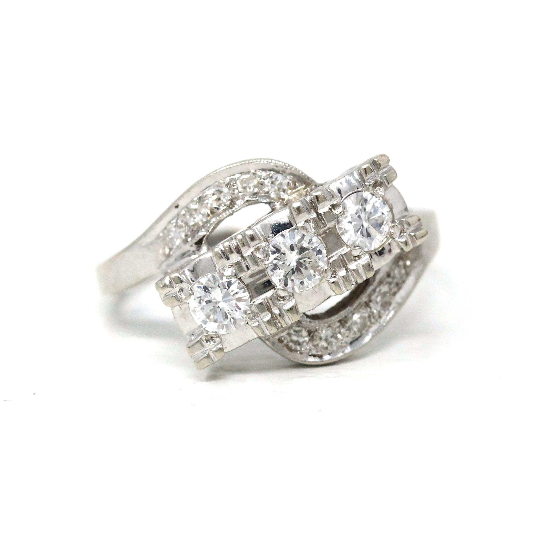 Mid Century Diamond Swirl Ring - Vintage 14K White Gold .50 CTW Diamond Gemstones - Circa 1950s Era Size 6 1/2 Fine Engagement Jewelry