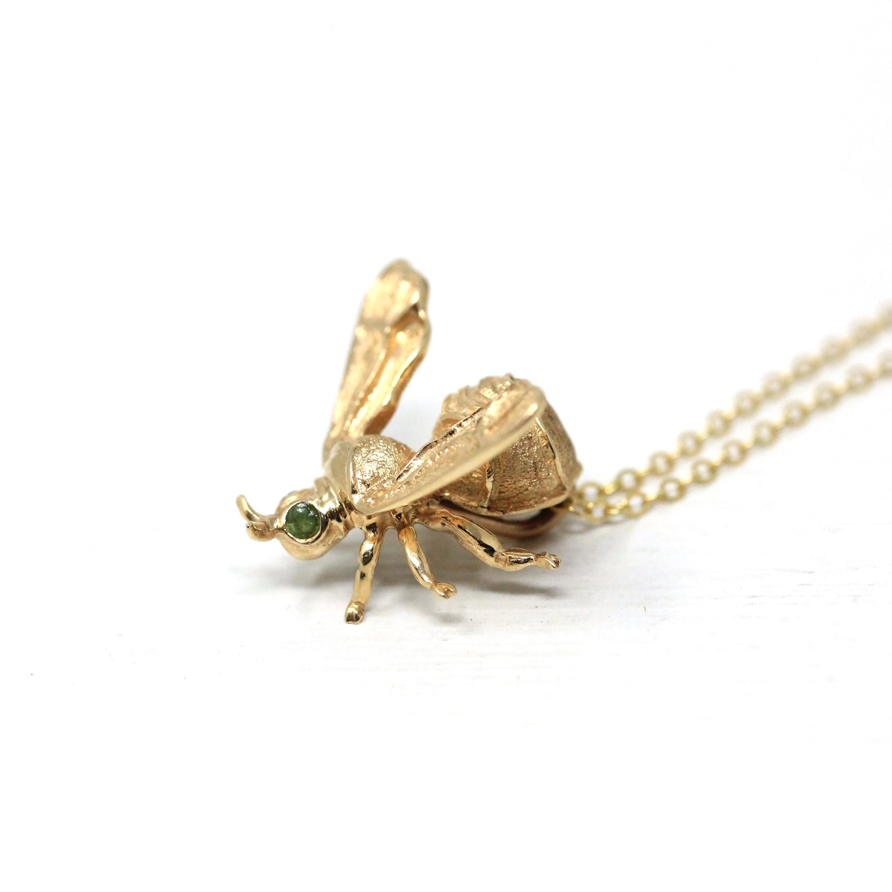 Modern Bee Charm - 14k Yellow Gold Green Tourmaline Pin Conversion Pendant Necklace - Vintage 1980s Figural Bug Fine Statement Jewelry