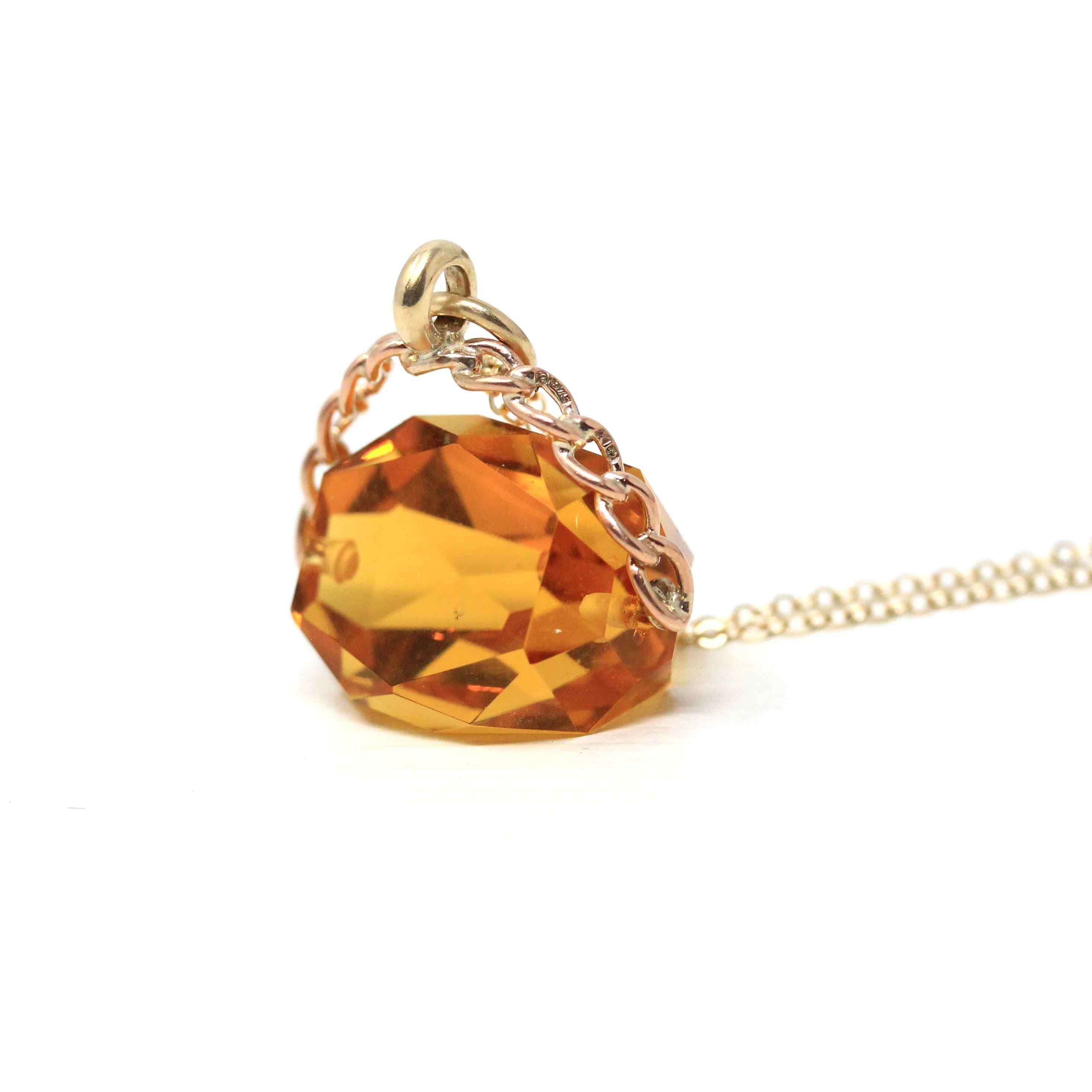 Antique Spinner Fob - Victorian 9k English Yellow Gold Simulated Citrine Pendant Necklace - Dated 1897 Unique Faceted Glass Gemstone Jewelry