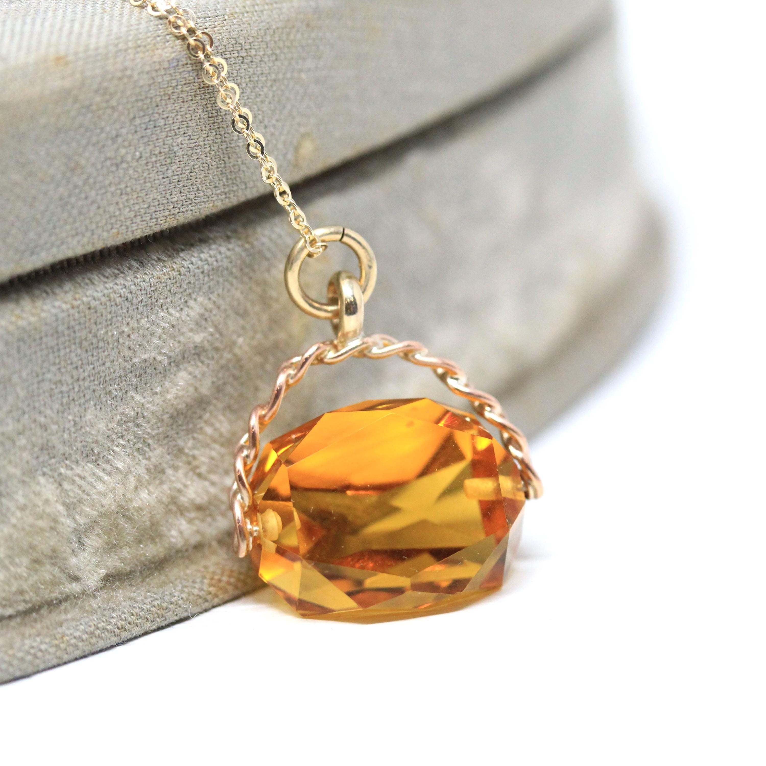 Antique Spinner Fob - Victorian 9k English Yellow Gold Simulated Citrine Pendant Necklace - Dated 1897 Unique Faceted Glass Gemstone Jewelry