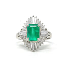 Emerald & Diamond Ring - Estate Platinum 1.77 CT Green Emerald Cut Baguette Round Halo - Vintage Engagement Fine Ballerina Report Jewelry