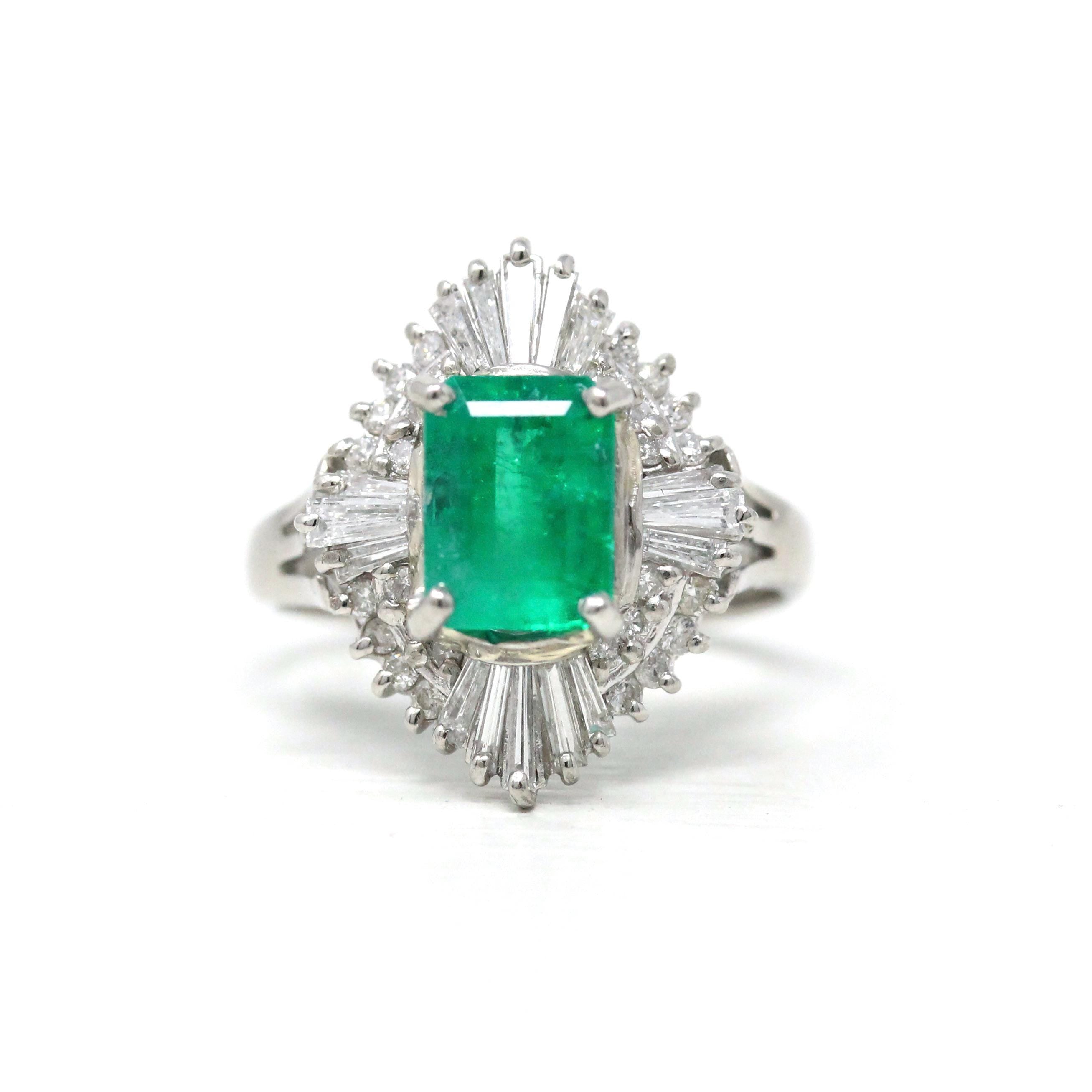 Emerald & Diamond Ring - Estate Platinum 1.77 CT Green Emerald Cut Baguette Round Halo - Vintage Engagement Fine Ballerina Report Jewelry