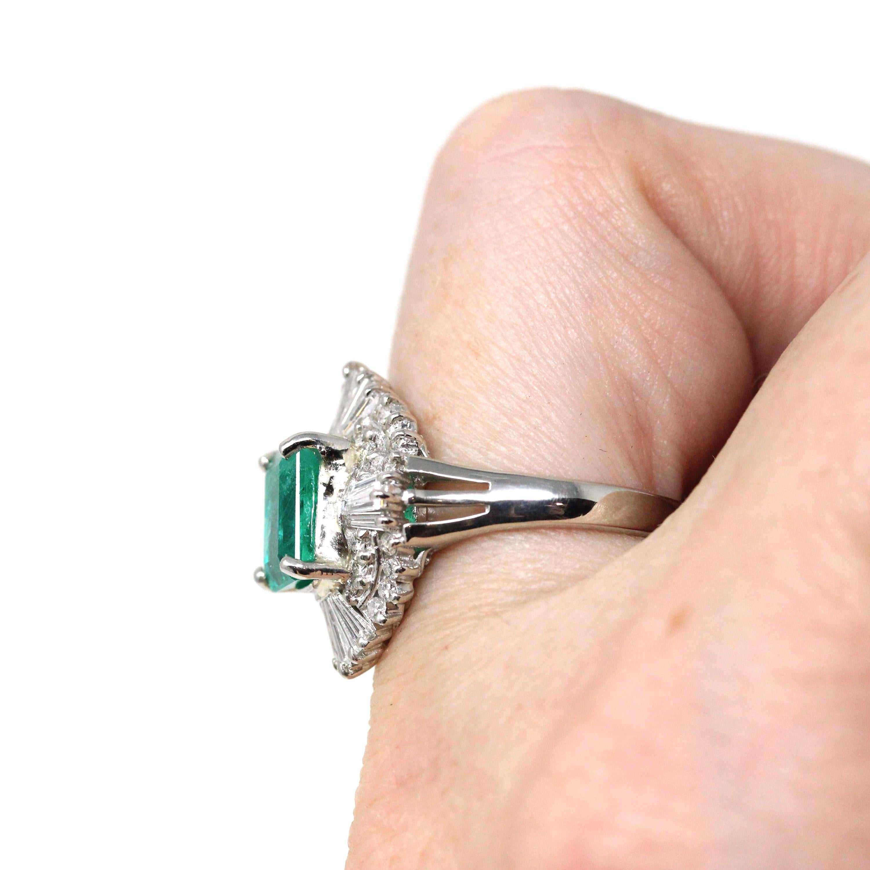 Emerald & Diamond Ring - Estate Platinum 1.77 CT Green Emerald Cut Baguette Round Halo - Vintage Engagement Fine Ballerina Report Jewelry