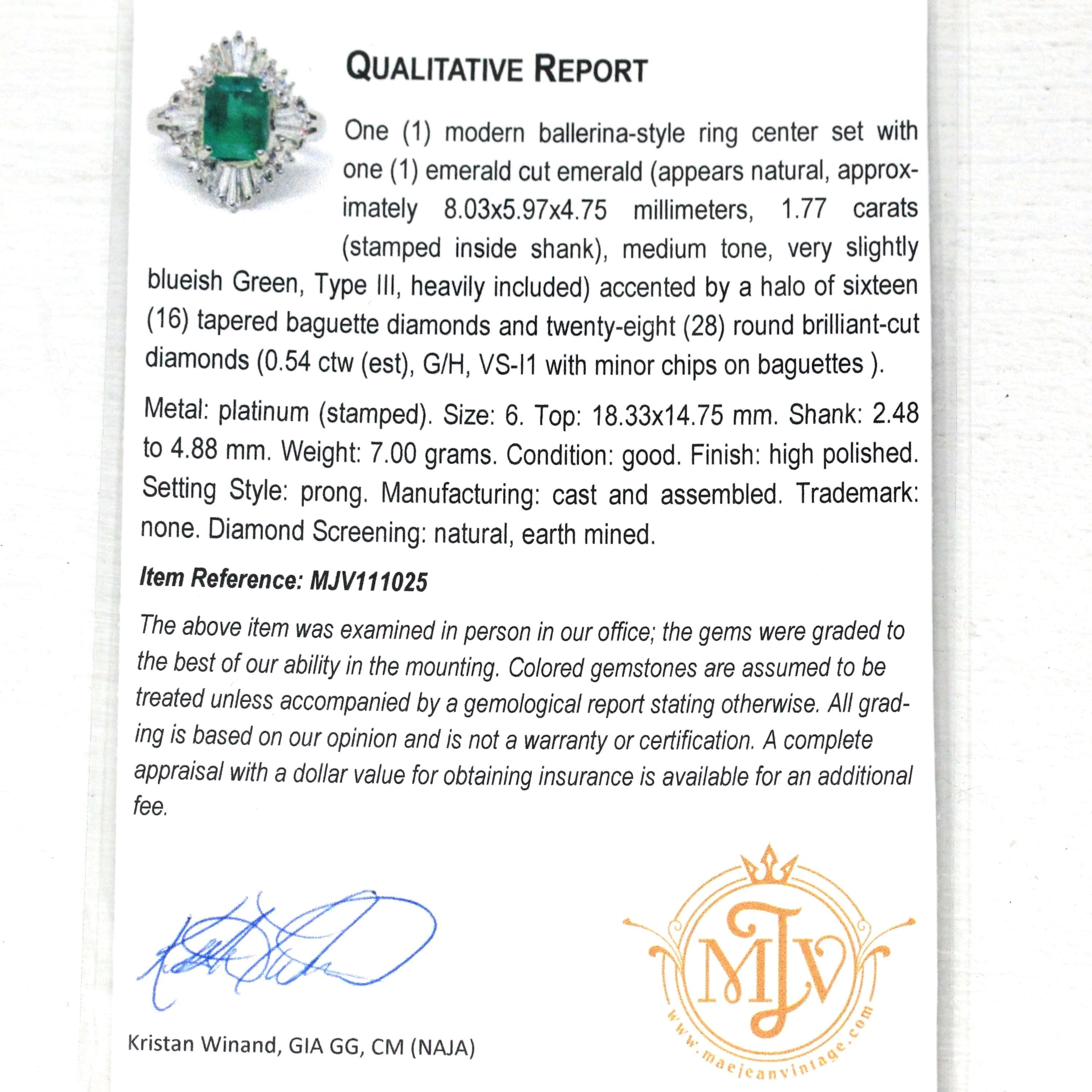 Emerald & Diamond Ring - Estate Platinum 1.77 CT Green Emerald Cut Baguette Round Halo - Vintage Engagement Fine Ballerina Report Jewelry