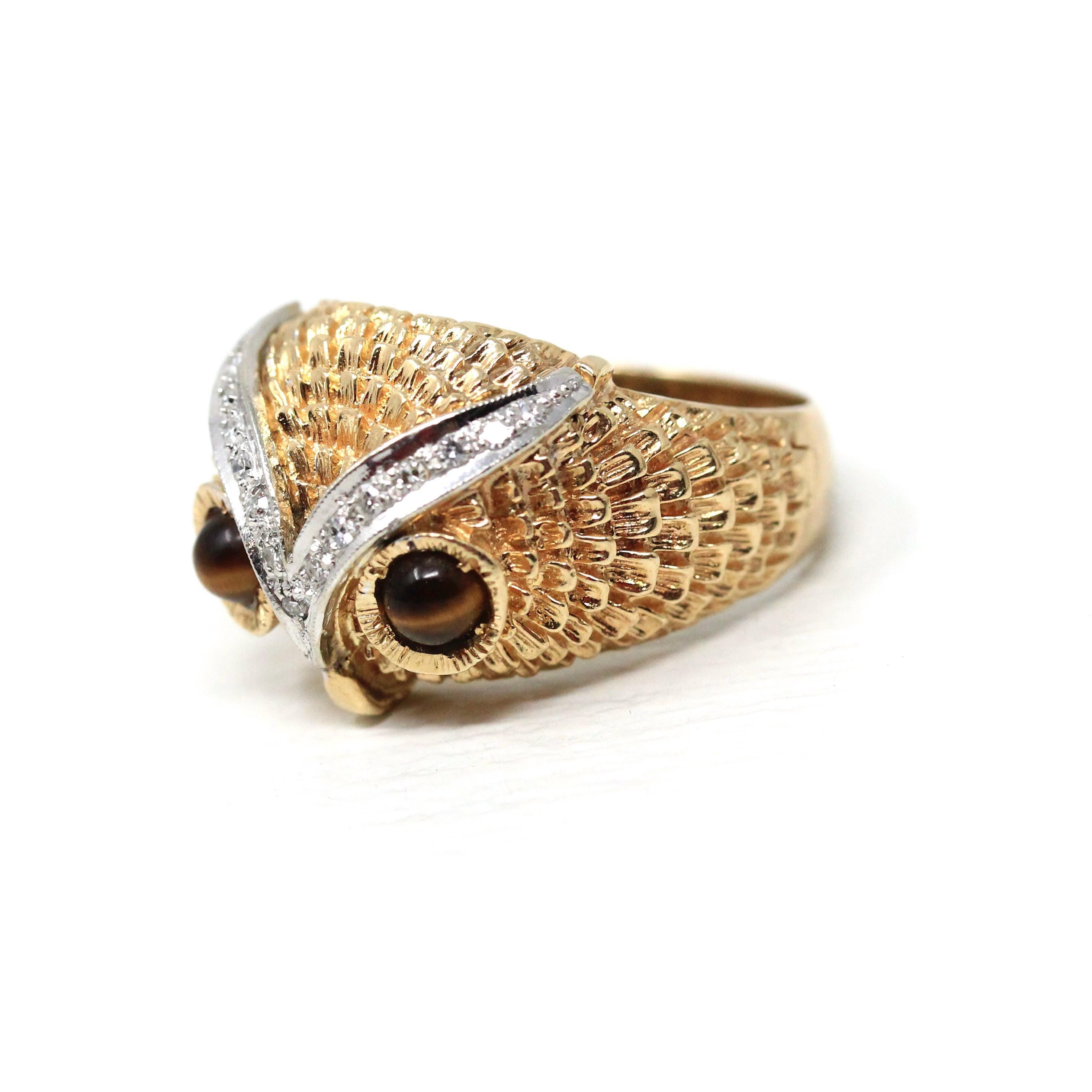 Vintage Owl Ring - Retro 14k Yellow Gold Tiger's Eye Gemstone Eyes - Circa 1960s Era Size 10 Diamonds Statement Cocktail Fine Bird Jewelry