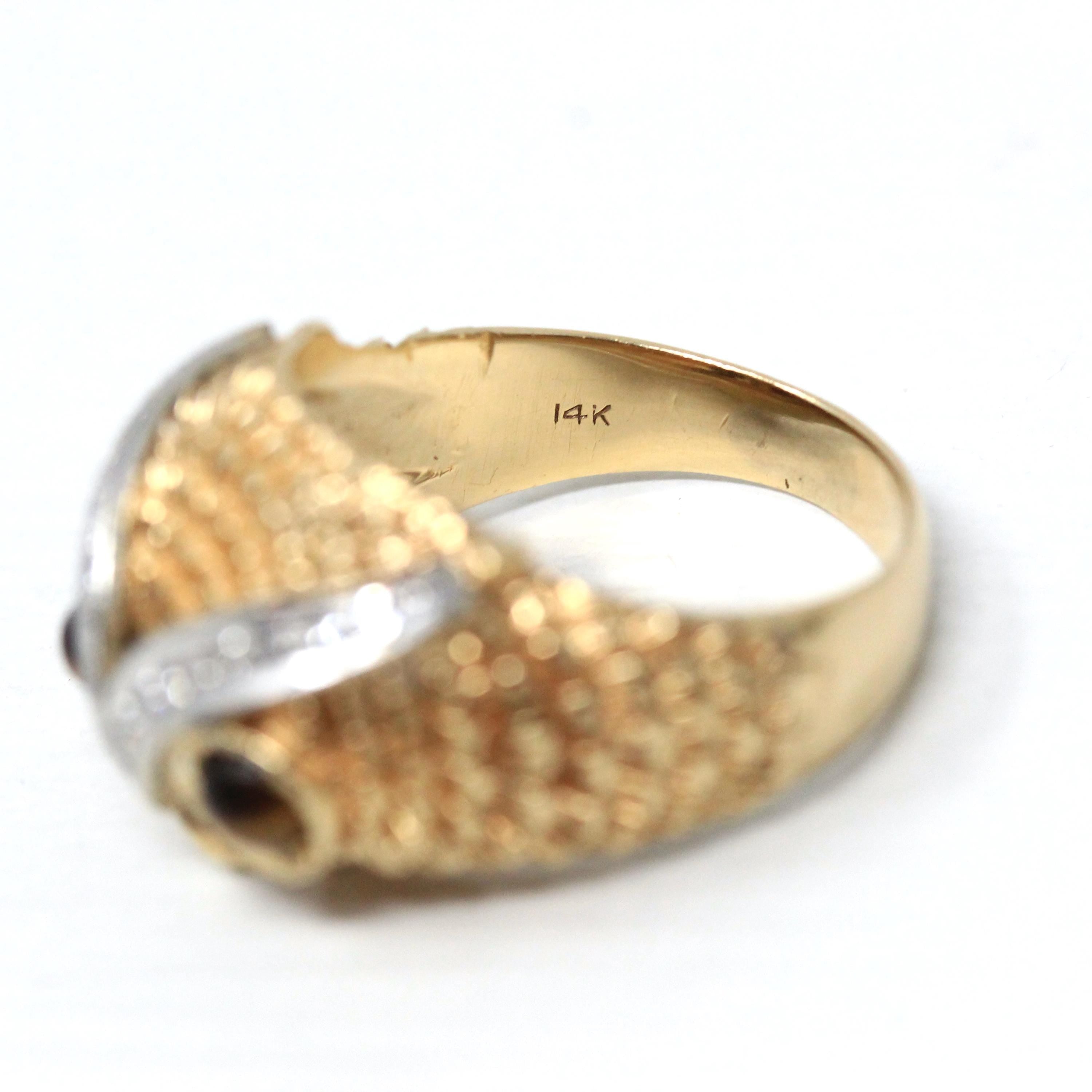 Vintage Owl Ring - Retro 14k Yellow Gold Tiger's Eye Gemstone Eyes - Circa 1960s Era Size 10 Diamonds Statement Cocktail Fine Bird Jewelry