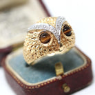 Vintage Owl Ring - Retro 14k Yellow Gold Tiger's Eye Gemstone Eyes - Circa 1960s Era Size 10 Diamonds Statement Cocktail Fine Bird Jewelry