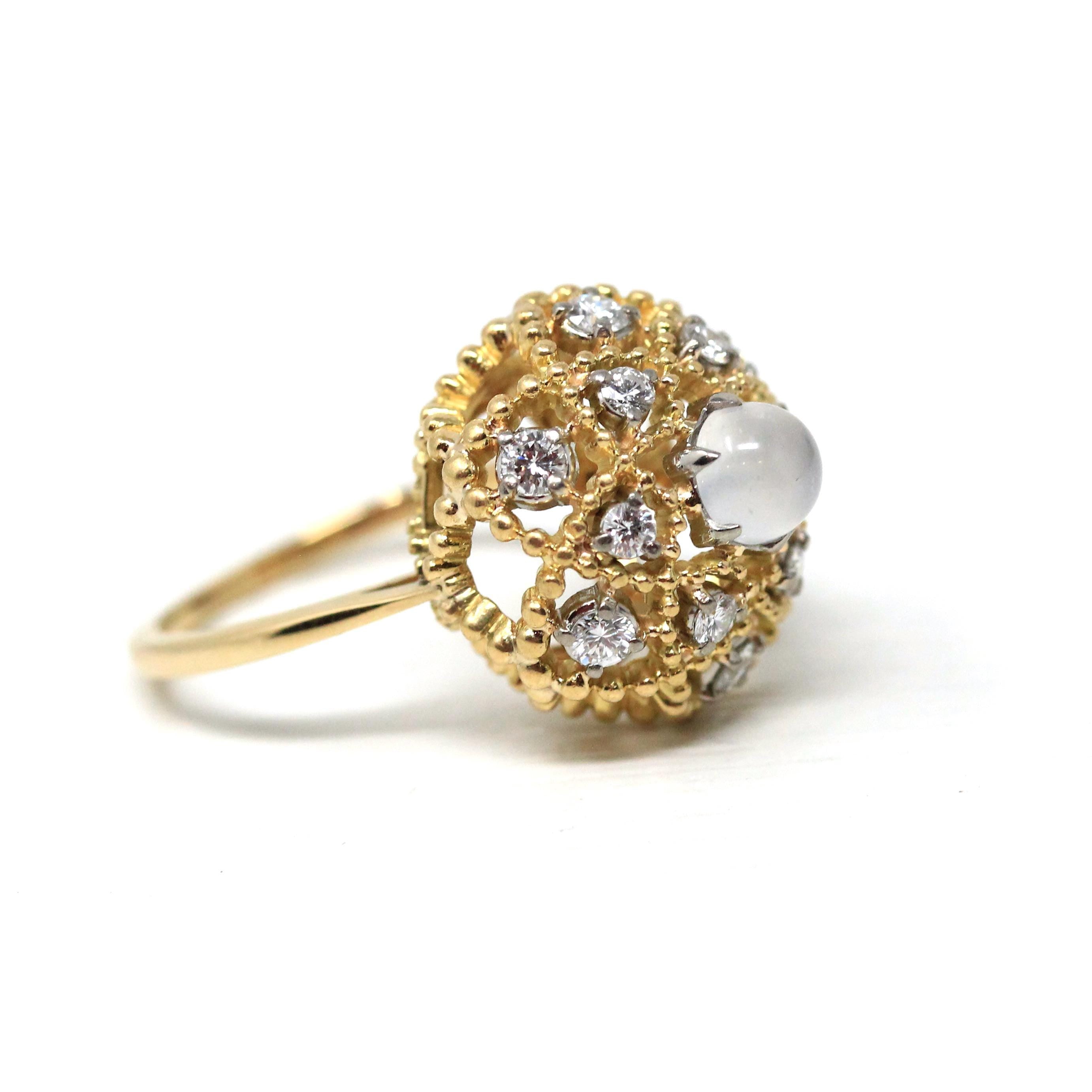 Moonstone & Diamond Dome Ring - Retro 18k Yellow Gold Natural Gemstones Flower Statement - Circa 1960s Era Size 5 3/4 Jabel Cocktail Jewelry