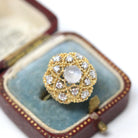 Moonstone & Diamond Dome Ring - Retro 18k Yellow Gold Natural Gemstones Flower Statement - Circa 1960s Era Size 5 3/4 Jabel Cocktail Jewelry