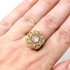 Moonstone & Diamond Dome Ring - Retro 18k Yellow Gold Natural Gemstones Flower Statement - Circa 1960s Era Size 5 3/4 Jabel Cocktail Jewelry