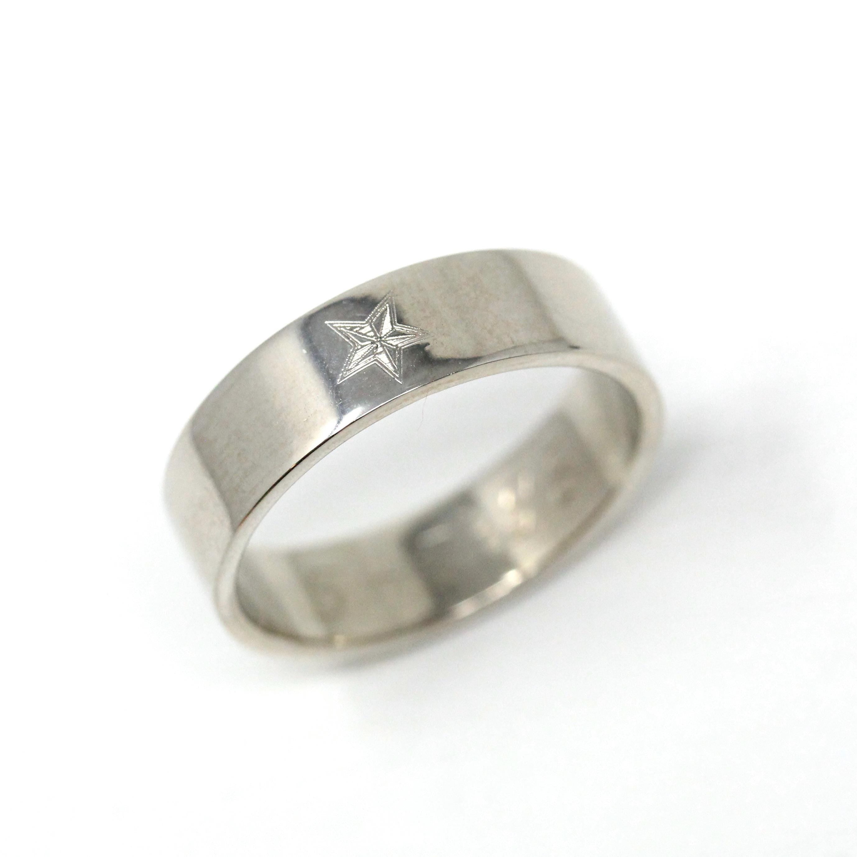Star Wedding Band - Modern 10k White Gold Five Point Celestial Men's Unisex Bridal Ring - Estate 1988 Size 9 Engraved Polished Fine Jewelry