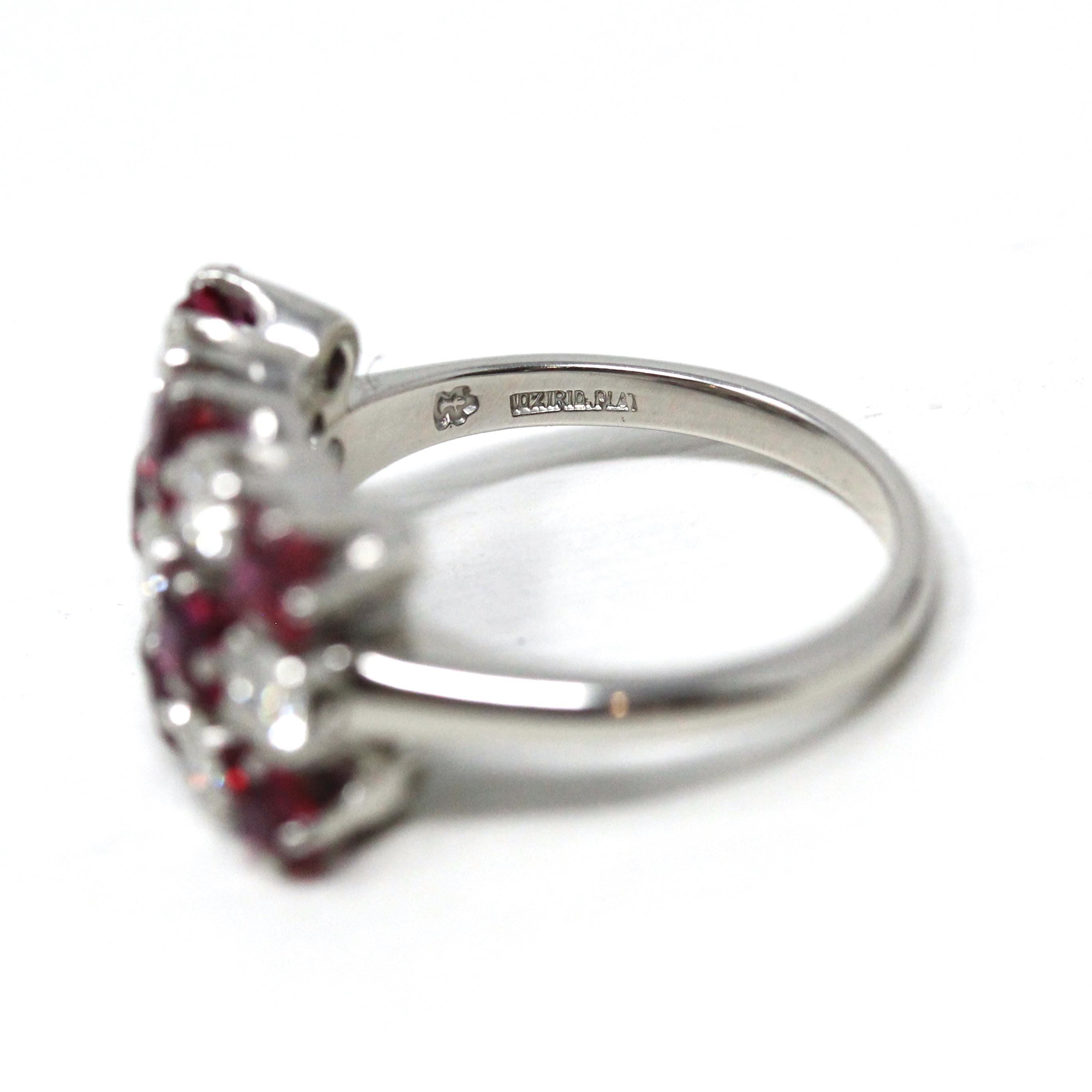Ruby & Diamond Cluster Ring - Estate Platinum Natural Checkerboard Gemstones - Modern Size 5 1/2 July Birthstone Fine Anniversary Jewelry