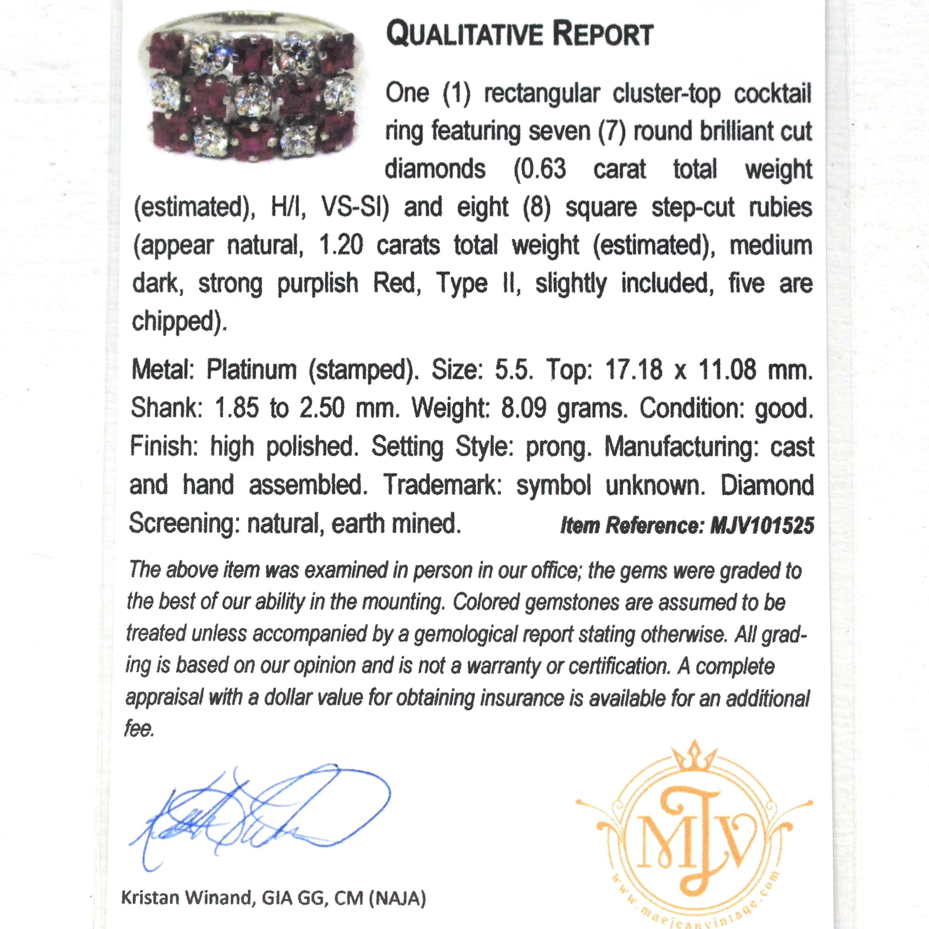 Ruby & Diamond Cluster Ring - Estate Platinum Natural Checkerboard Gemstones - Modern Size 5 1/2 July Birthstone Fine Anniversary Jewelry