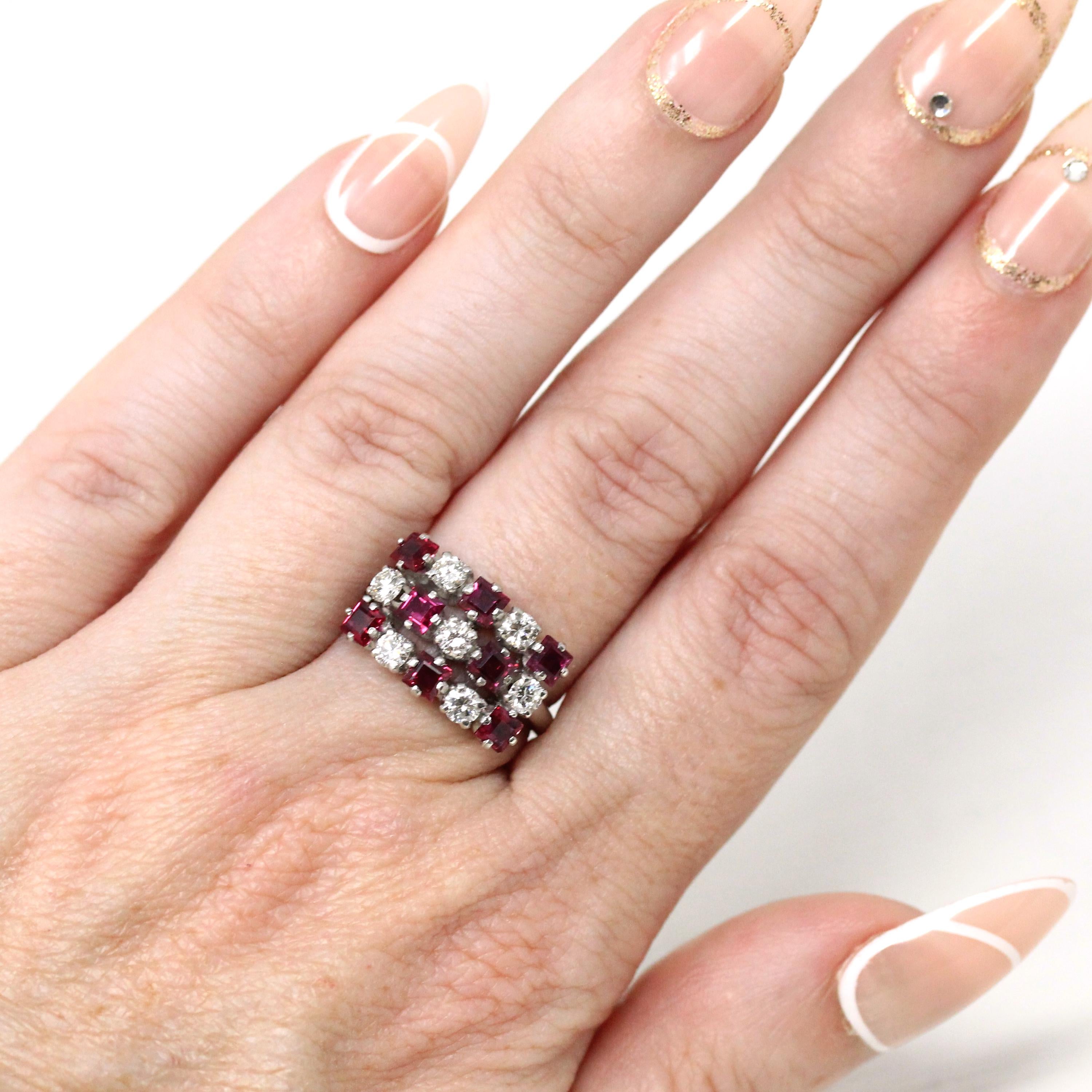 Ruby & Diamond Cluster Ring - Estate Platinum Natural Checkerboard Gemstones - Modern Size 5 1/2 July Birthstone Fine Anniversary Jewelry