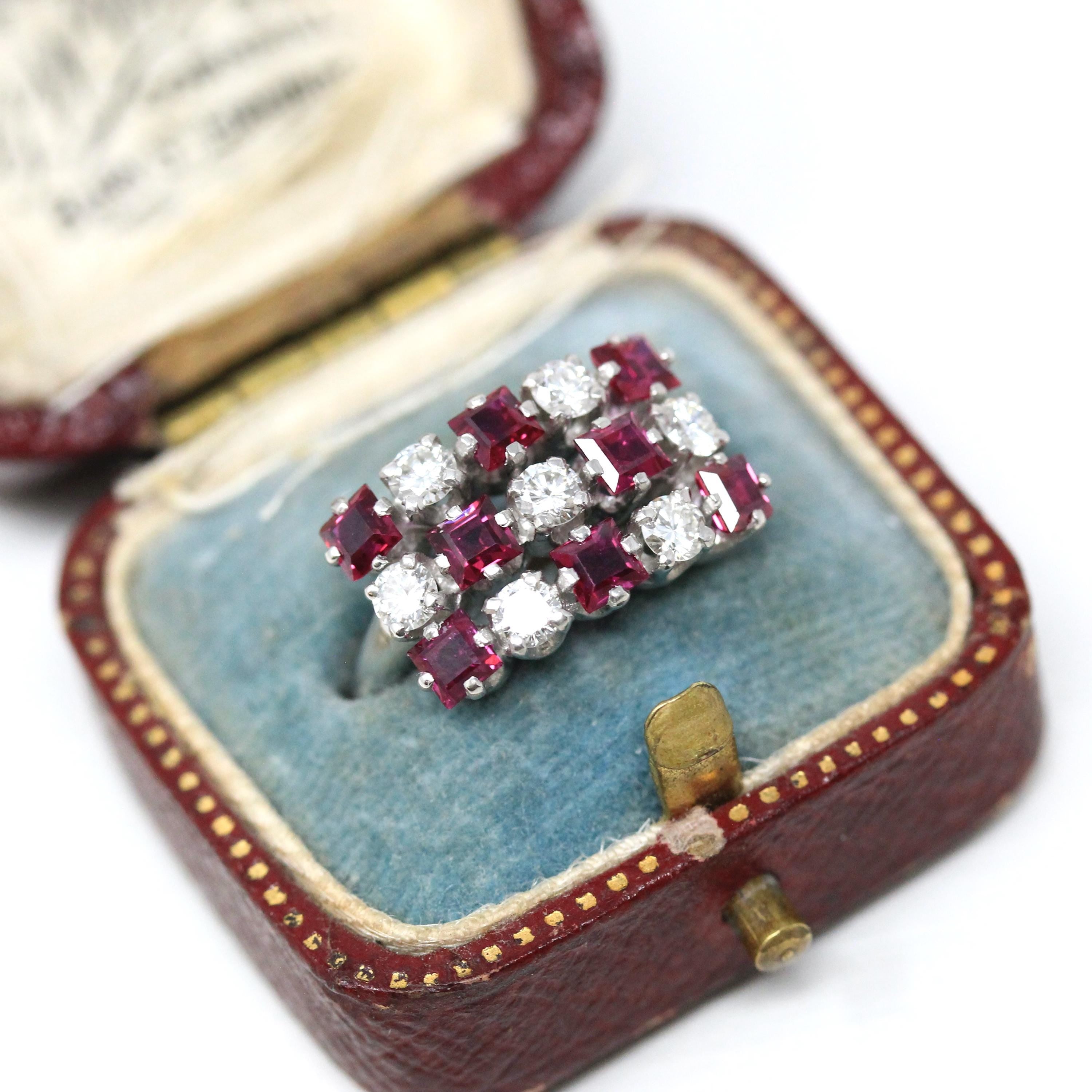 Ruby & Diamond Cluster Ring - Estate Platinum Natural Checkerboard Gemstones - Modern Size 5 1/2 July Birthstone Fine Anniversary Jewelry