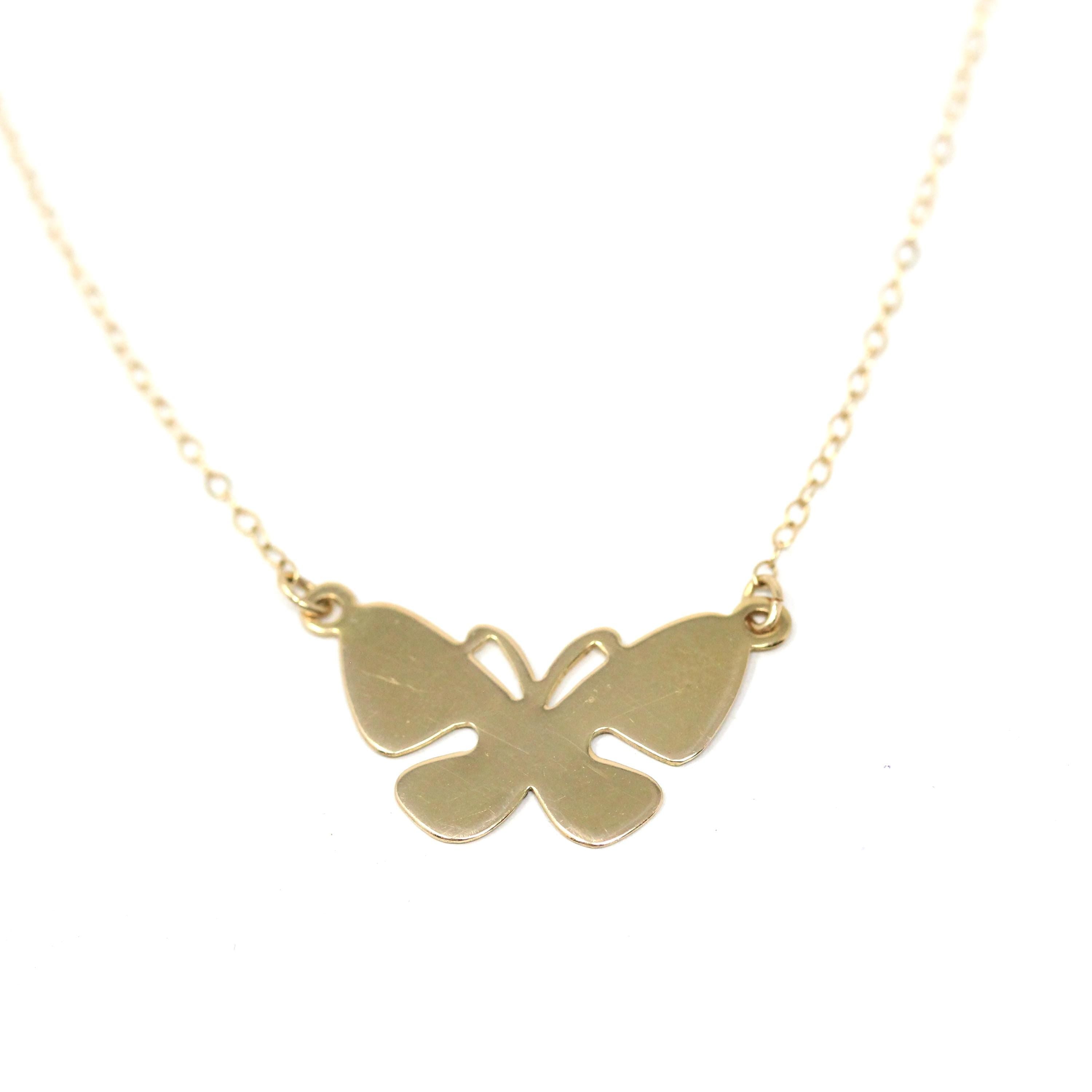 Modern Butterfly Necklace - Estate 14k Yellow Gold Figural Winged Insect Pendant Necklace - Circa 2000's Era Statement Bug Fine Jewelry