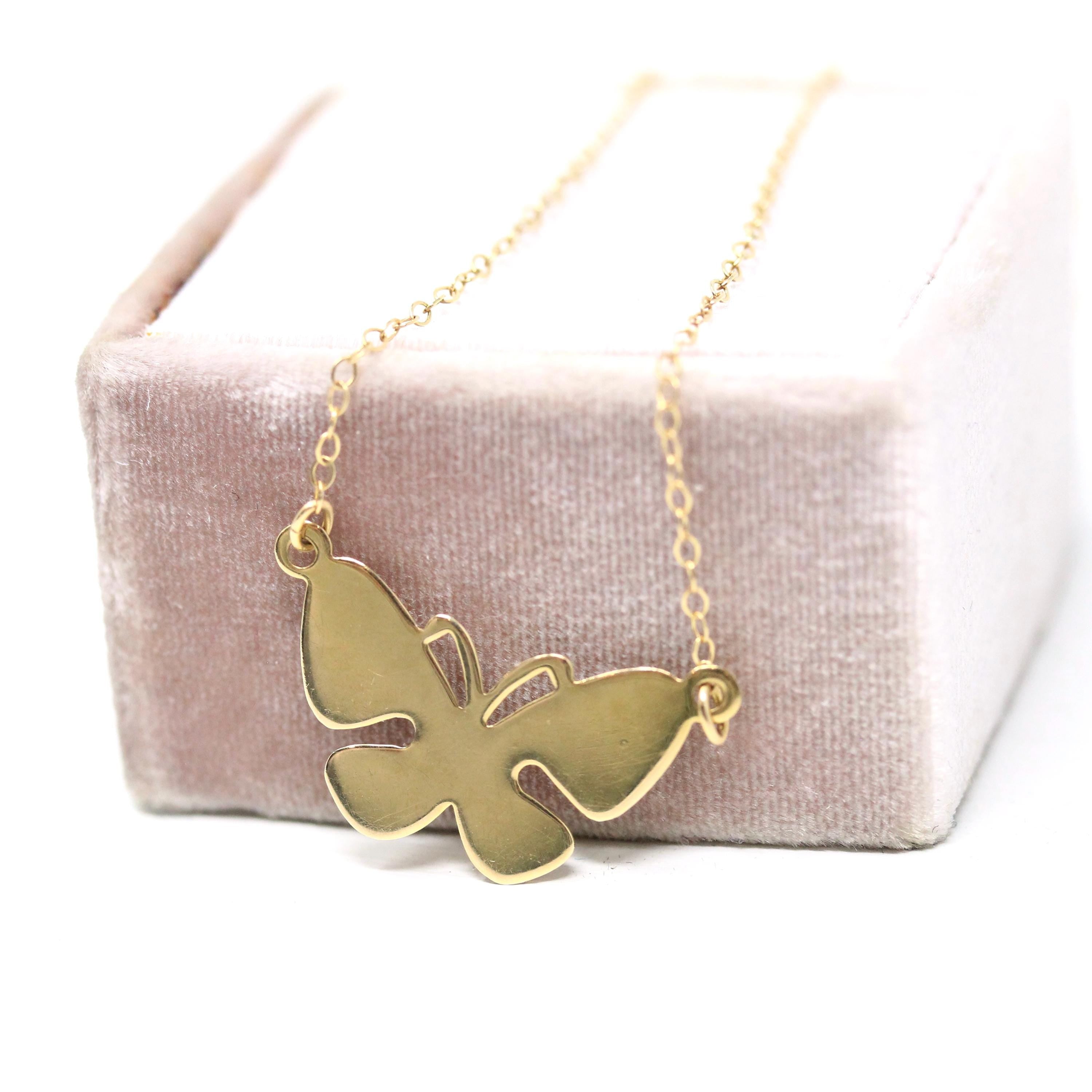 Modern Butterfly Necklace - Estate 14k Yellow Gold Figural Winged Insect Pendant Necklace - Circa 2000's Era Statement Bug Fine Jewelry