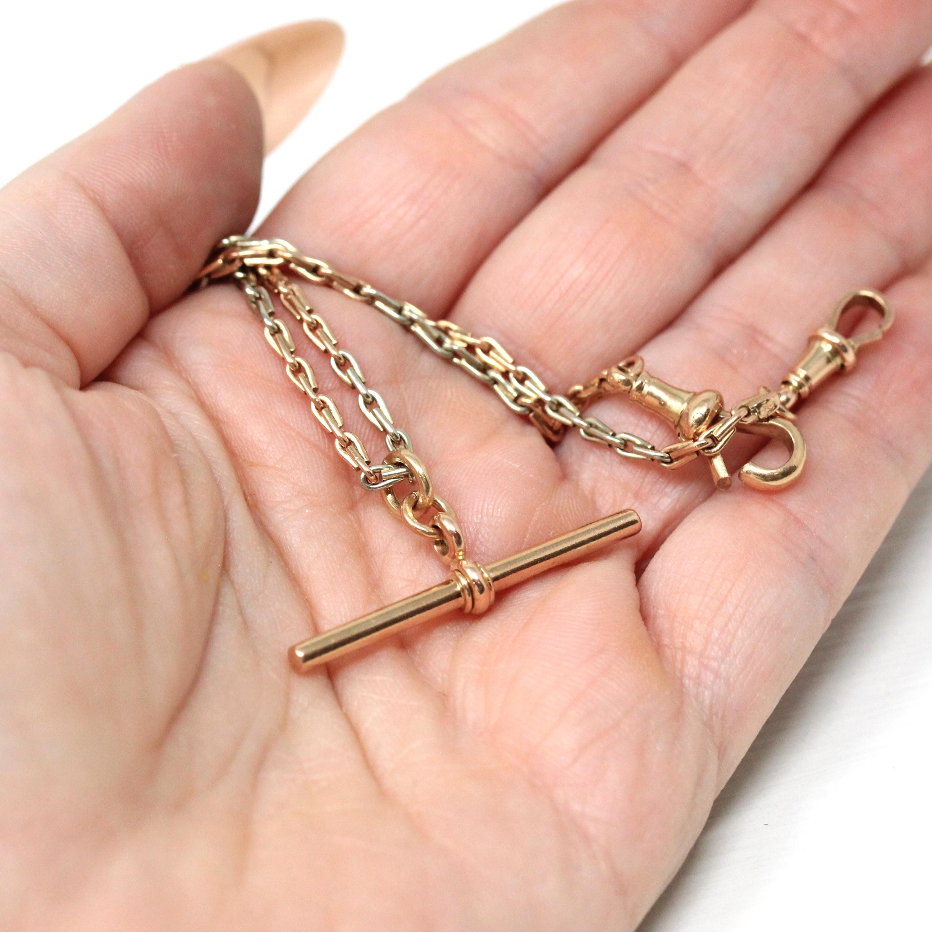 Pocket Watch Chain - Antique 9ct Rose White Two Tone Gold T Bar Swivel Clip Choker Necklace - Circa 1920s Era Fashion Accessory Fine Jewelry