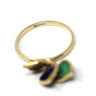 Guilloche Charm Ring - Modern Era 14k Yellow Gold Three Enamel Hearts Band - Circa 1980s Size 6 3/4 Green Blue Red Fine Fashion Jewelry