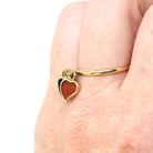 Guilloche Charm Ring - Modern Era 14k Yellow Gold Three Enamel Hearts Band - Circa 1980s Size 6 3/4 Green Blue Red Fine Fashion Jewelry