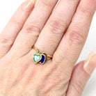 Guilloche Charm Ring - Modern Era 14k Yellow Gold Three Enamel Hearts Band - Circa 1980s Size 6 3/4 Green Blue Red Fine Fashion Jewelry