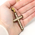 Antique Victorian Cross - Circa 1890s 14k Yellow Gold Seed Pearl & Black Enamel Pendant - Mourning Religious Christianity Cross Fine Jewelry