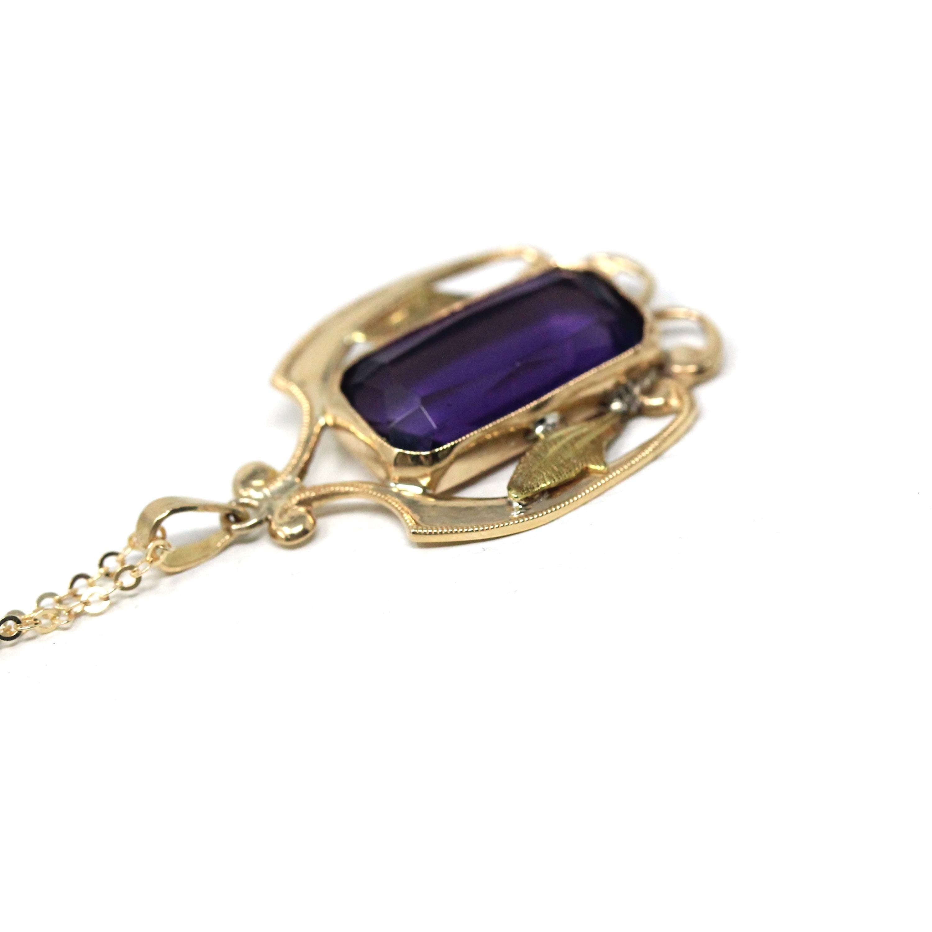 Simulated Amethyst Necklace - Edwardian 10k Yellow Gold Purple Glass Pendant - Art Nouveau Antique Circa 1910s Era Statement Fine Jewelry
