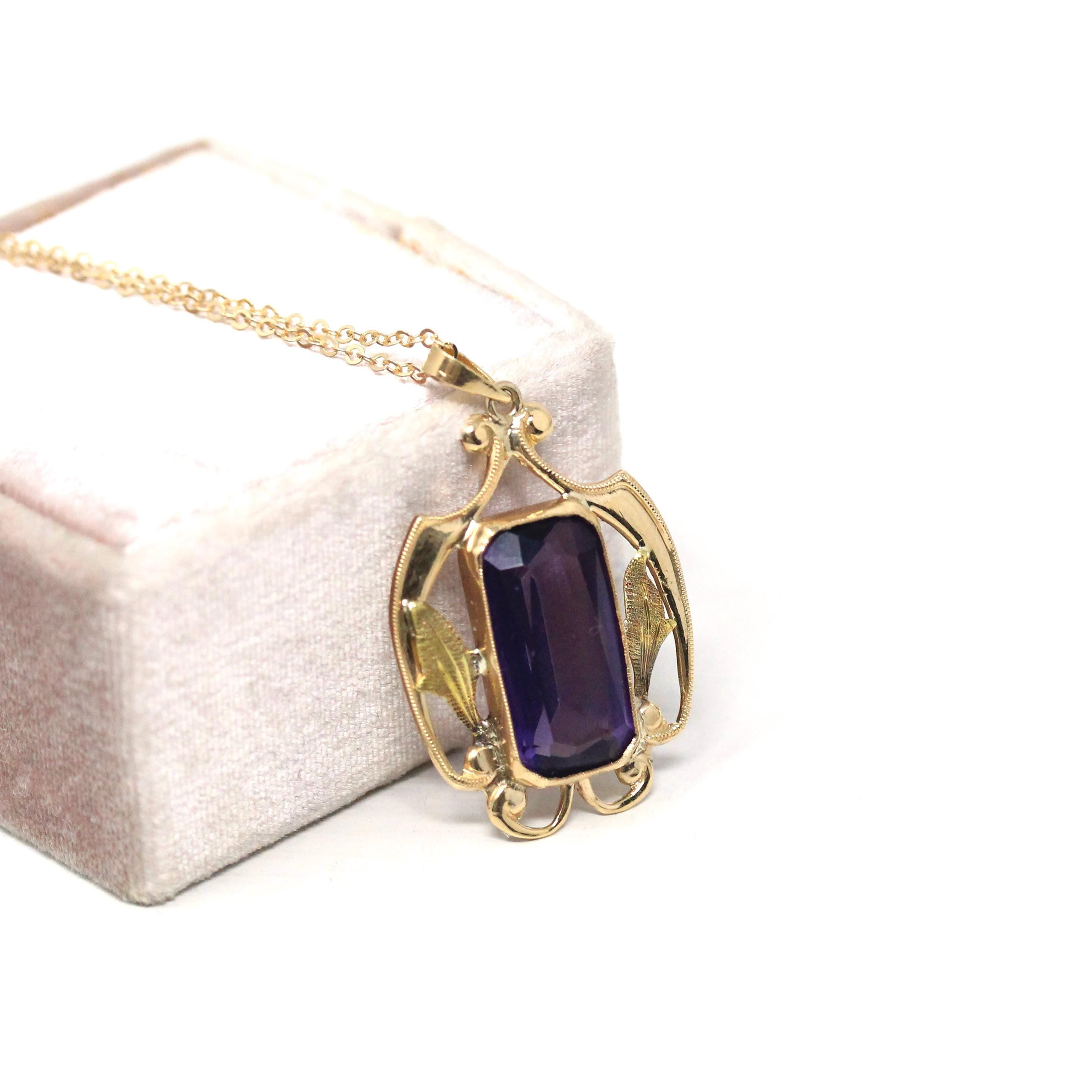 Simulated Amethyst Necklace - Edwardian 10k Yellow Gold Purple Glass Pendant - Art Nouveau Antique Circa 1910s Era Statement Fine Jewelry