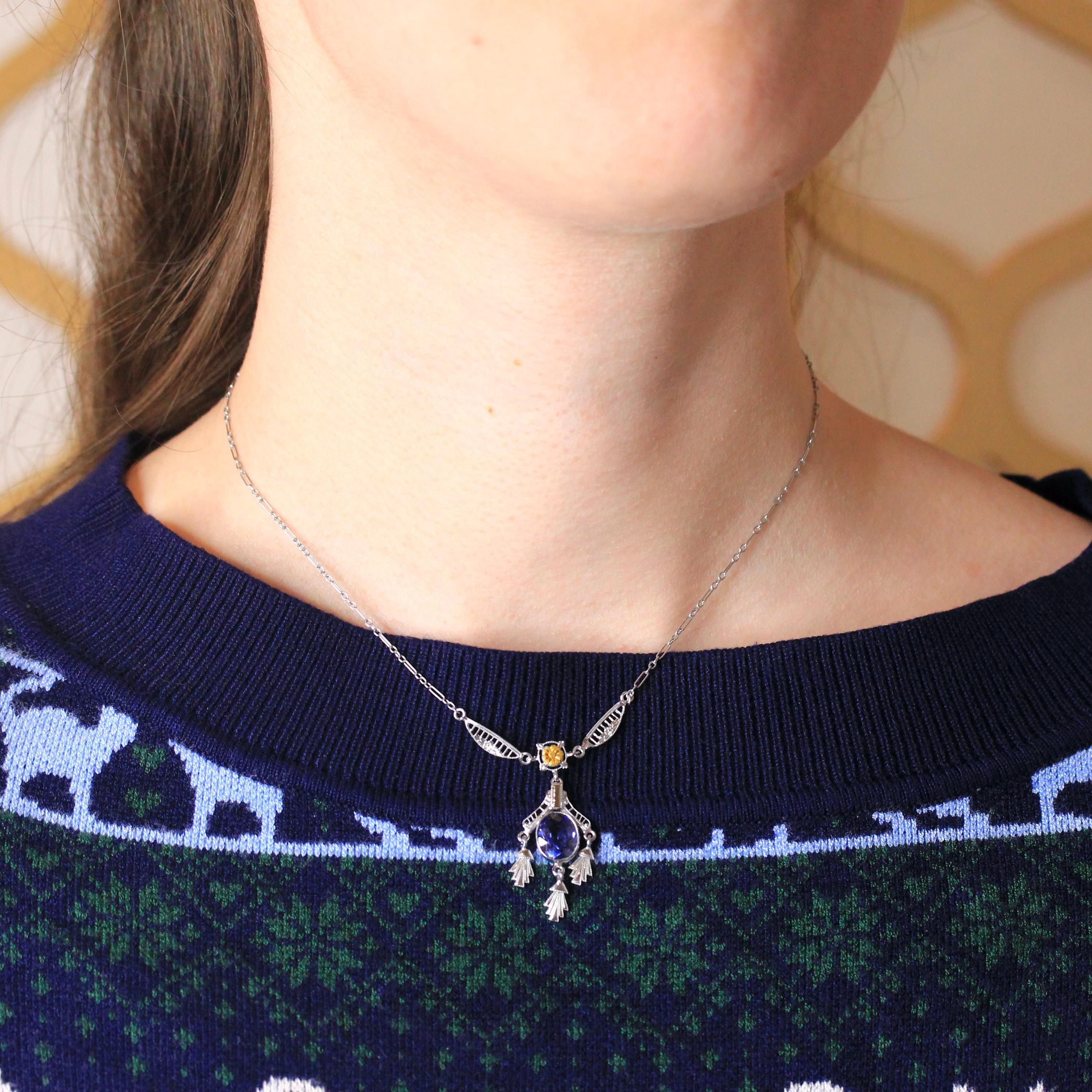 Art Deco Lavalier - Vintage 10k White Gold 2.47 CT Created Blue Sapphire Necklace - Circa 1930s Era Two Tone Floral Filigree Fine Jewelry