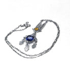 Art Deco Lavalier - Vintage 10k White Gold 2.47 CT Created Blue Sapphire Necklace - Circa 1930s Era Two Tone Floral Filigree Fine Jewelry