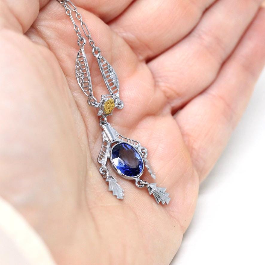 Art Deco Lavalier - Vintage 10k White Gold 2.47 CT Created Blue Sapphire Necklace - Circa 1930s Era Two Tone Floral Filigree Fine Jewelry
